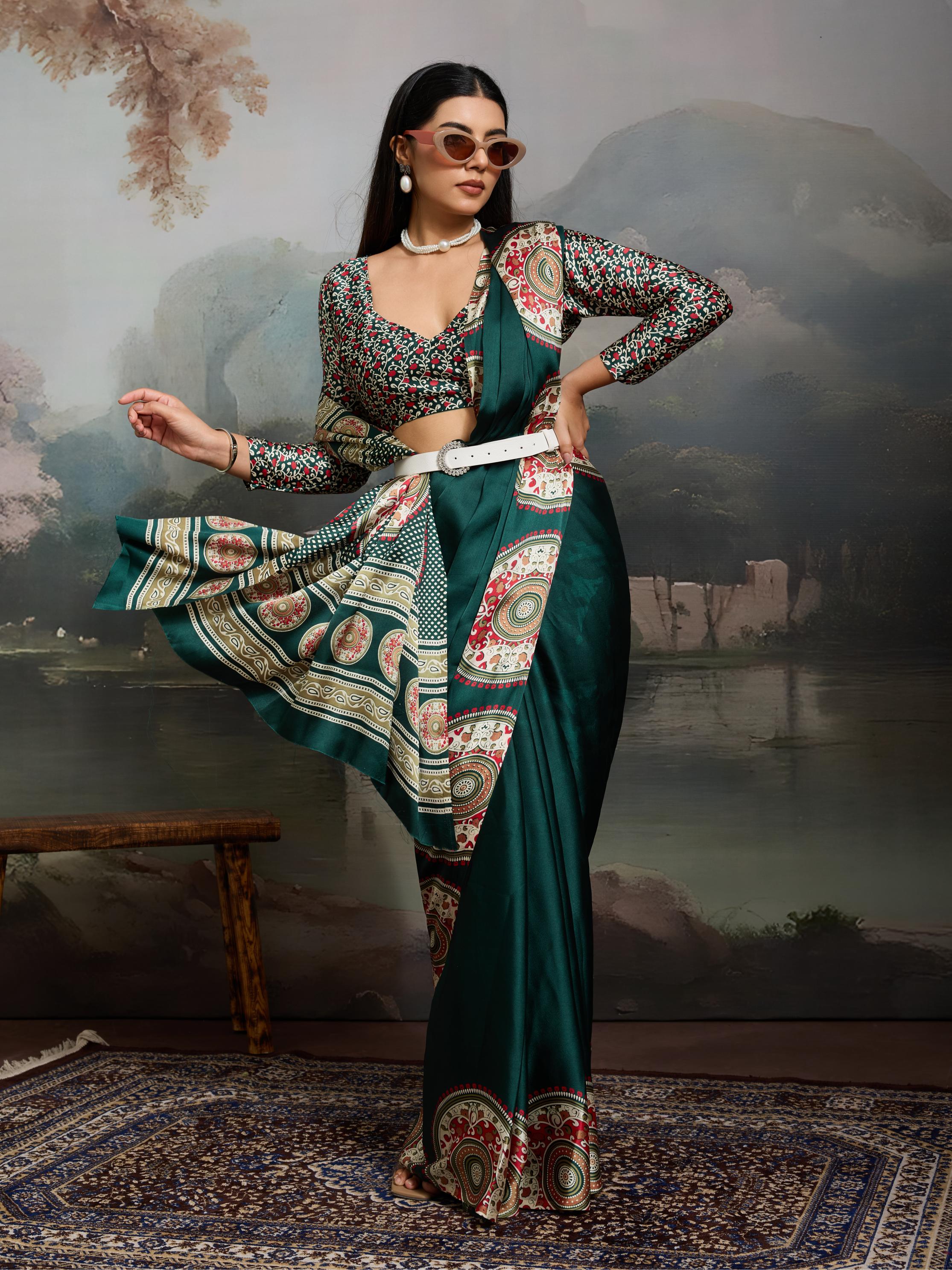 Hunter Green Ajrakh Printed Satin Crepe Silk Saree