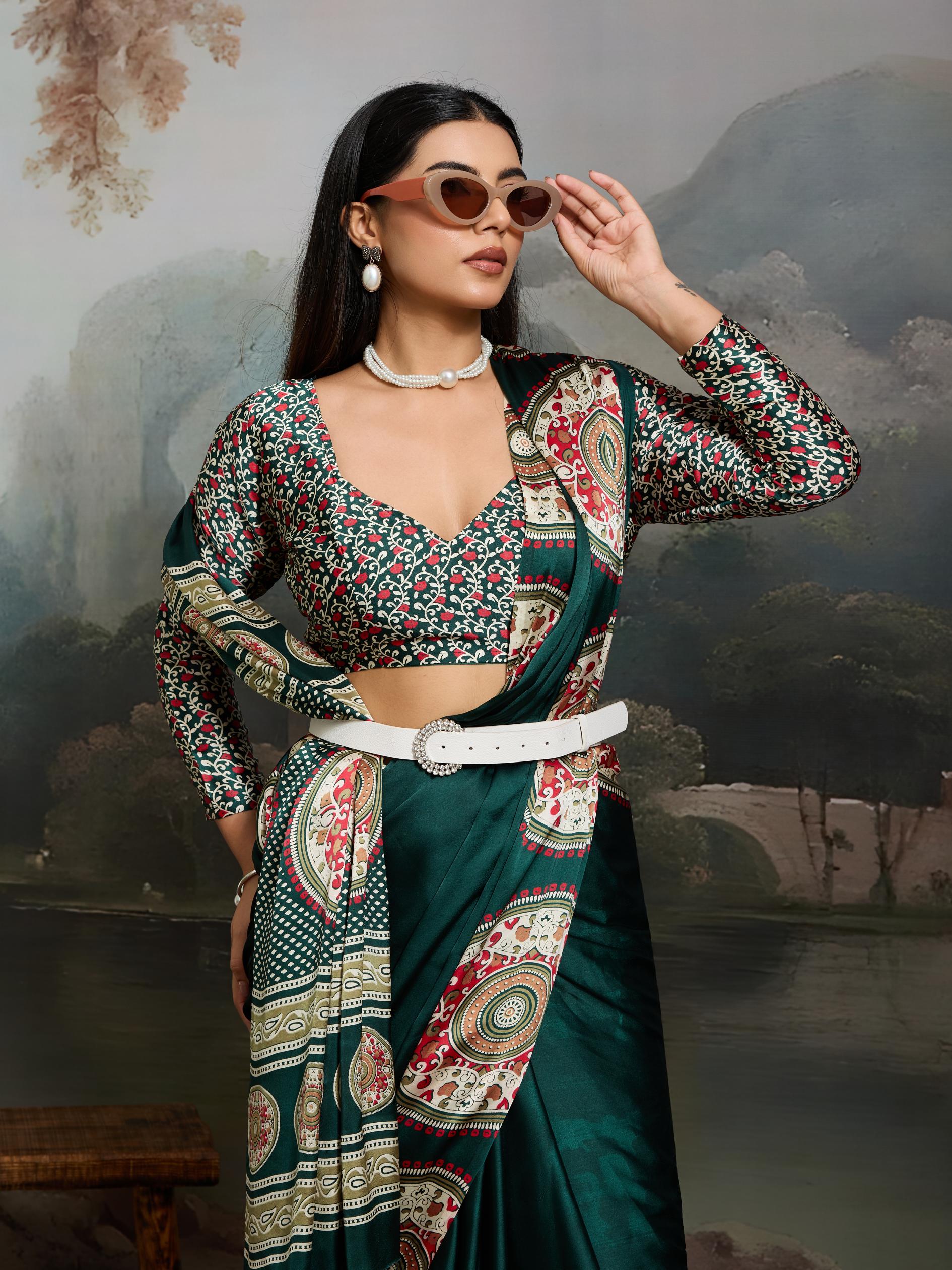 Hunter Green Ajrakh Printed Satin Crepe Silk Saree