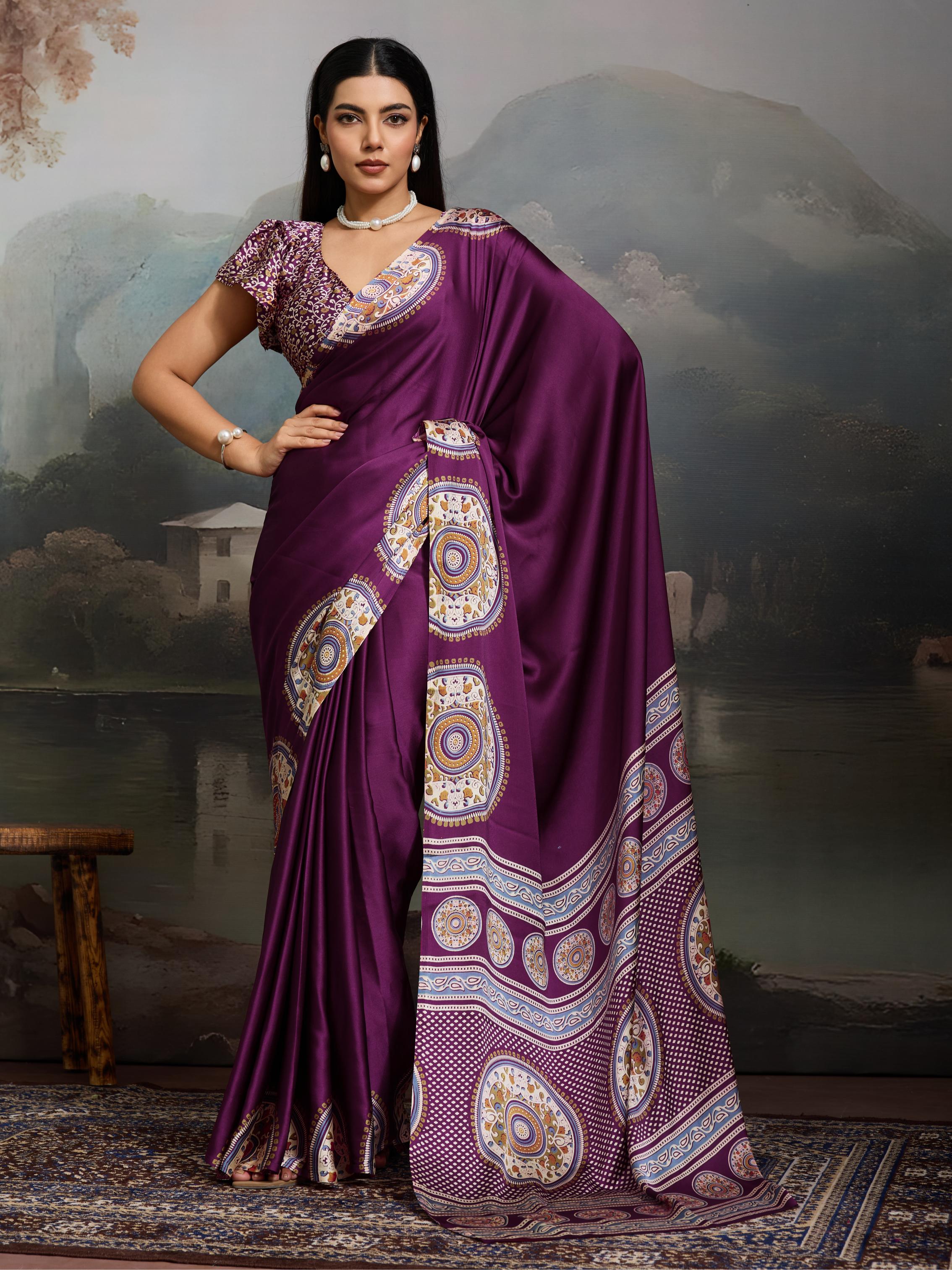 Tacao Wine Ajrakh Printed Satin Crepe Silk Saree