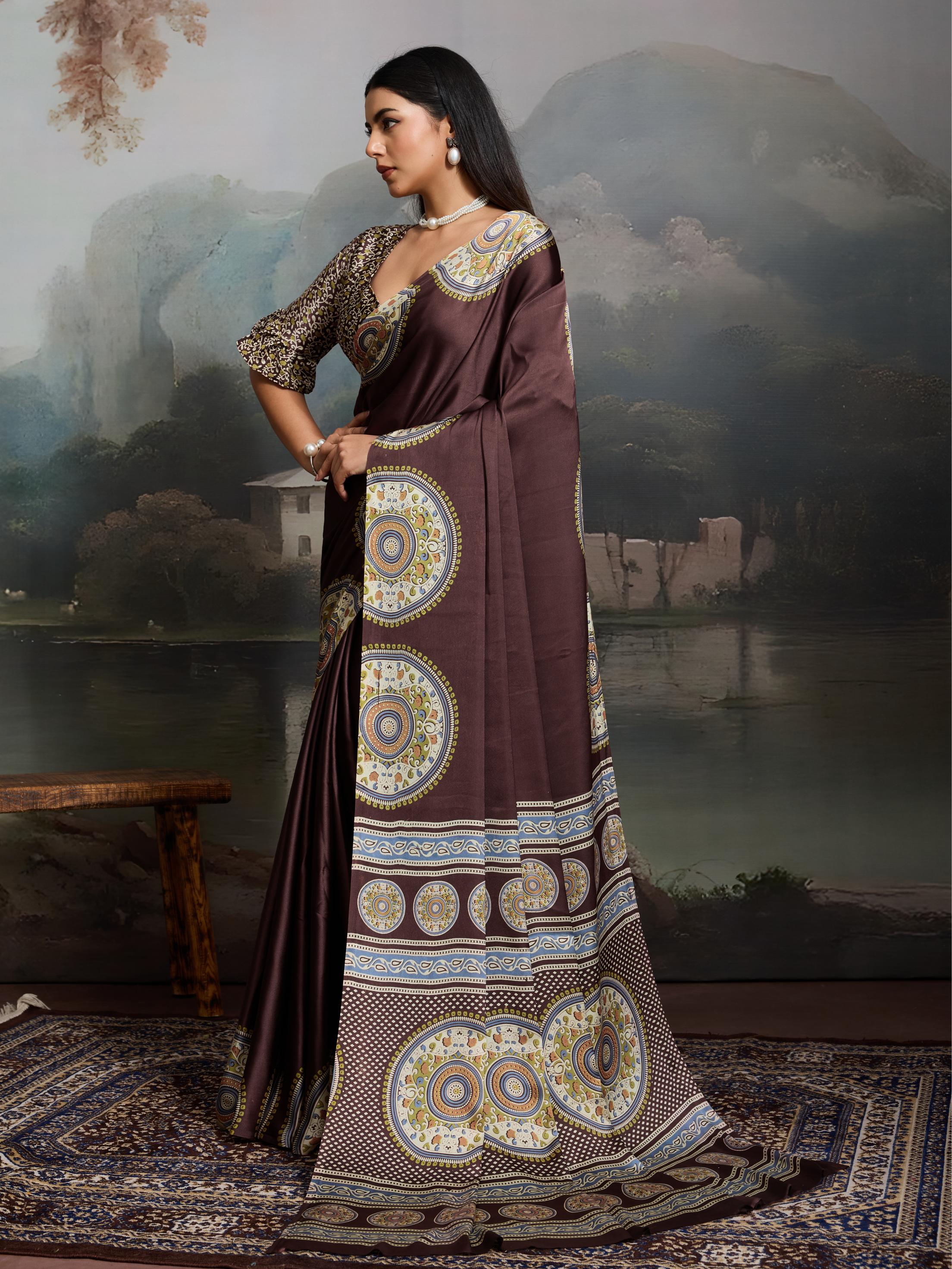 Brunette Brown Ajrakh Printed Satin Crepe Silk Saree
