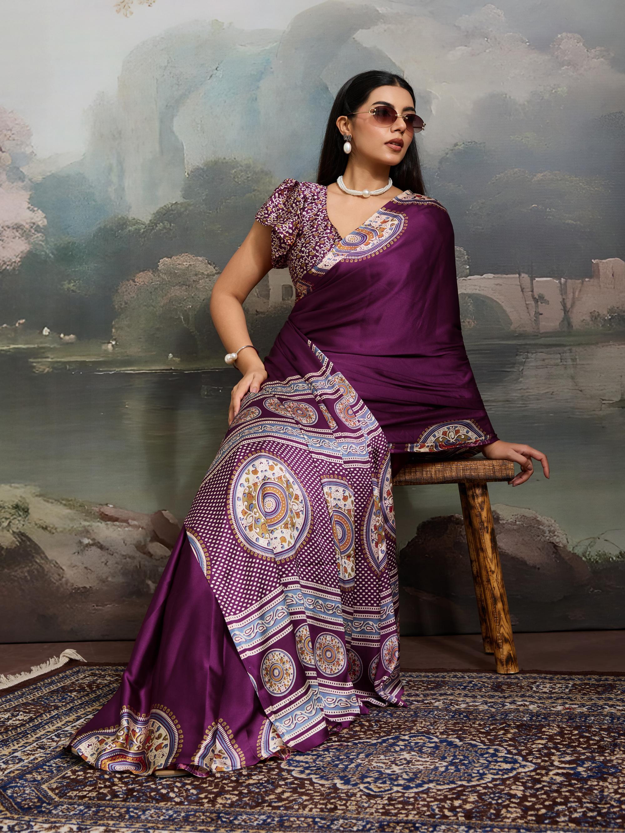 Tacao Wine Ajrakh Printed Satin Crepe Silk Saree