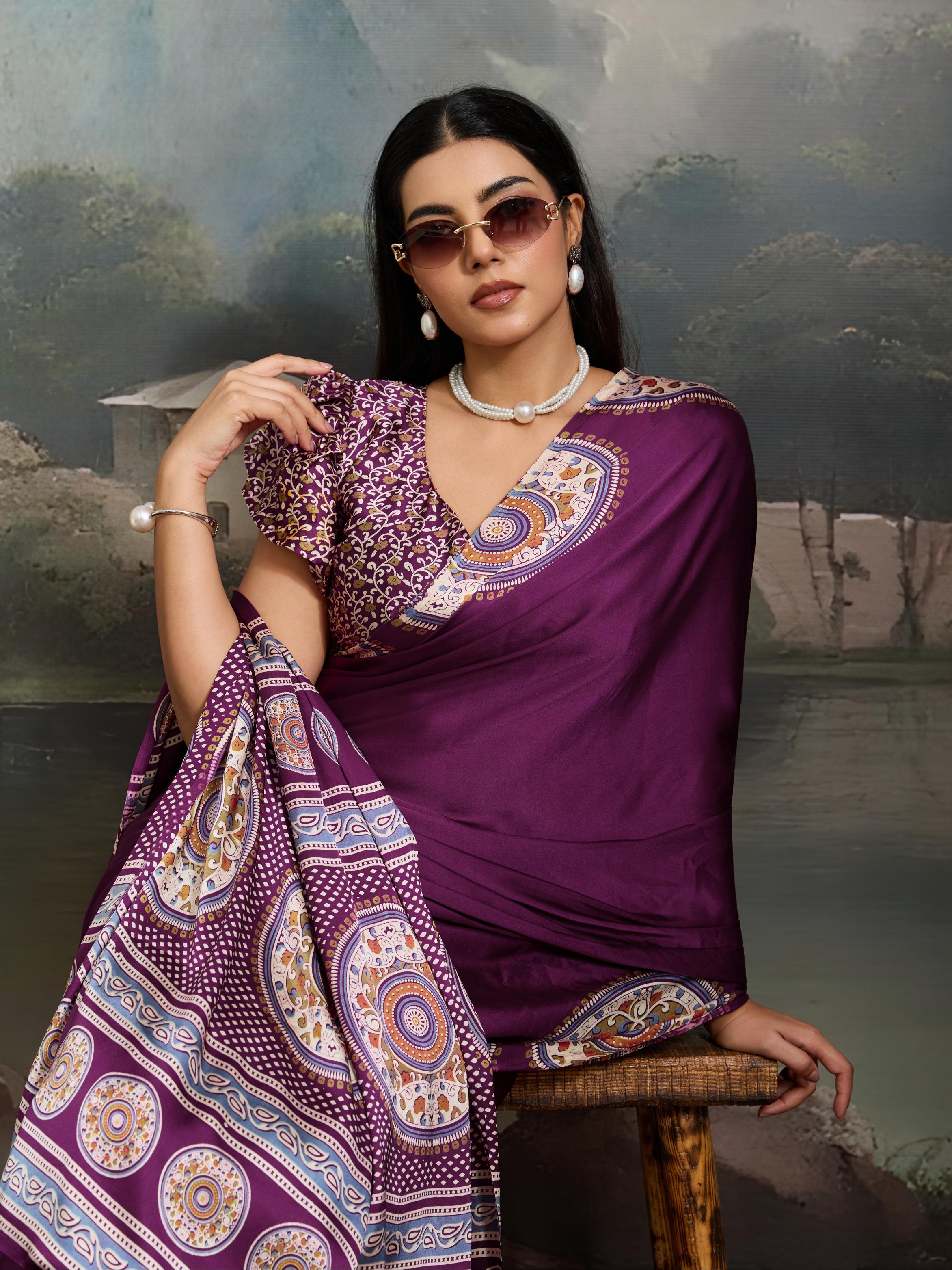 Tacao Wine Ajrakh Printed Satin Crepe Silk Saree