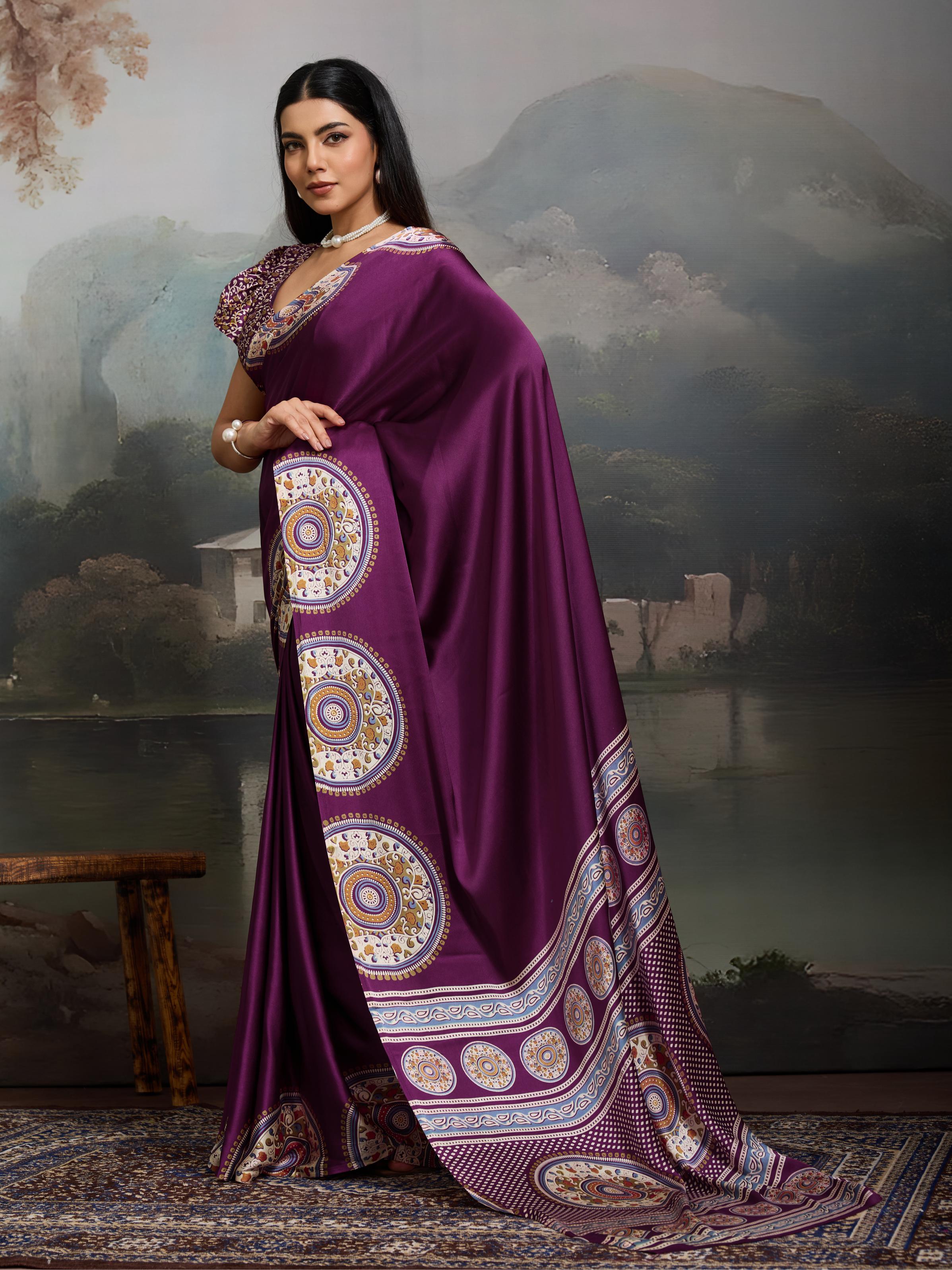 Tacao Wine Ajrakh Printed Satin Crepe Silk Saree