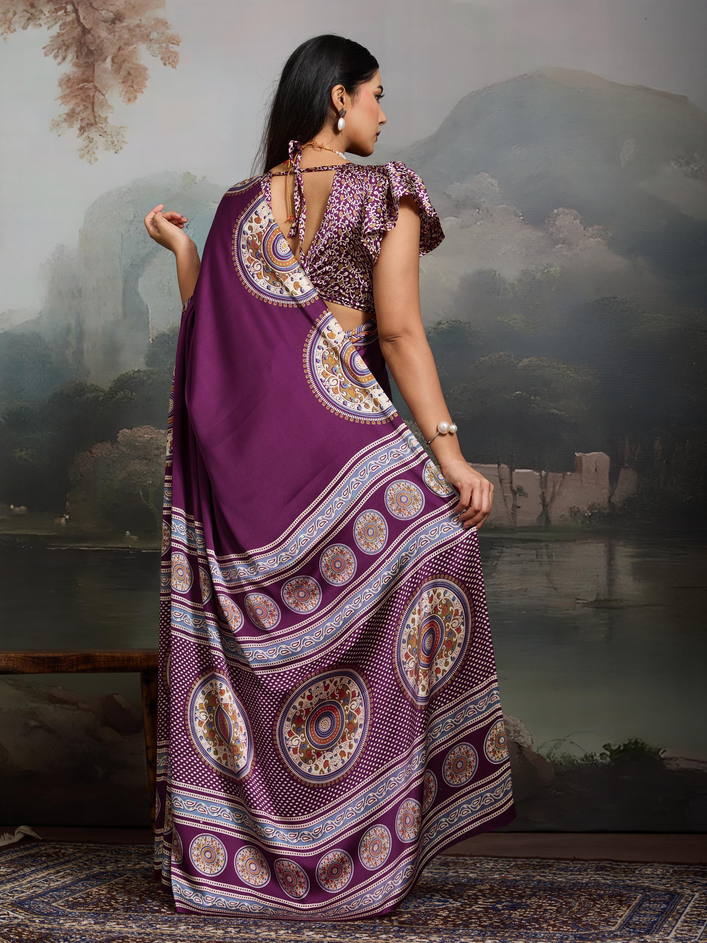 Tacao Wine Ajrakh Printed Satin Crepe Silk Saree