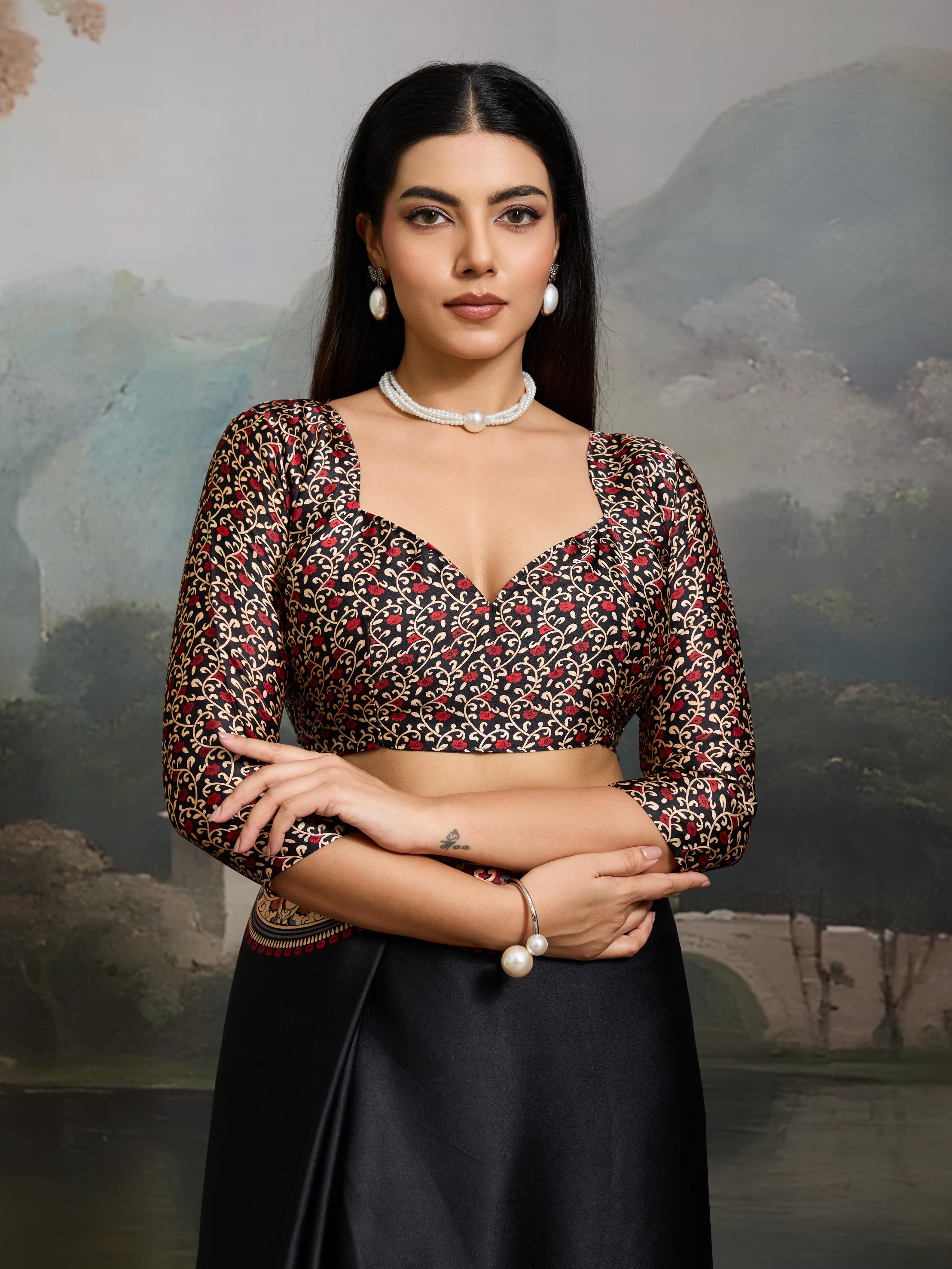 Shuttle Black Ajrakh Printed Satin Crepe Silk Saree