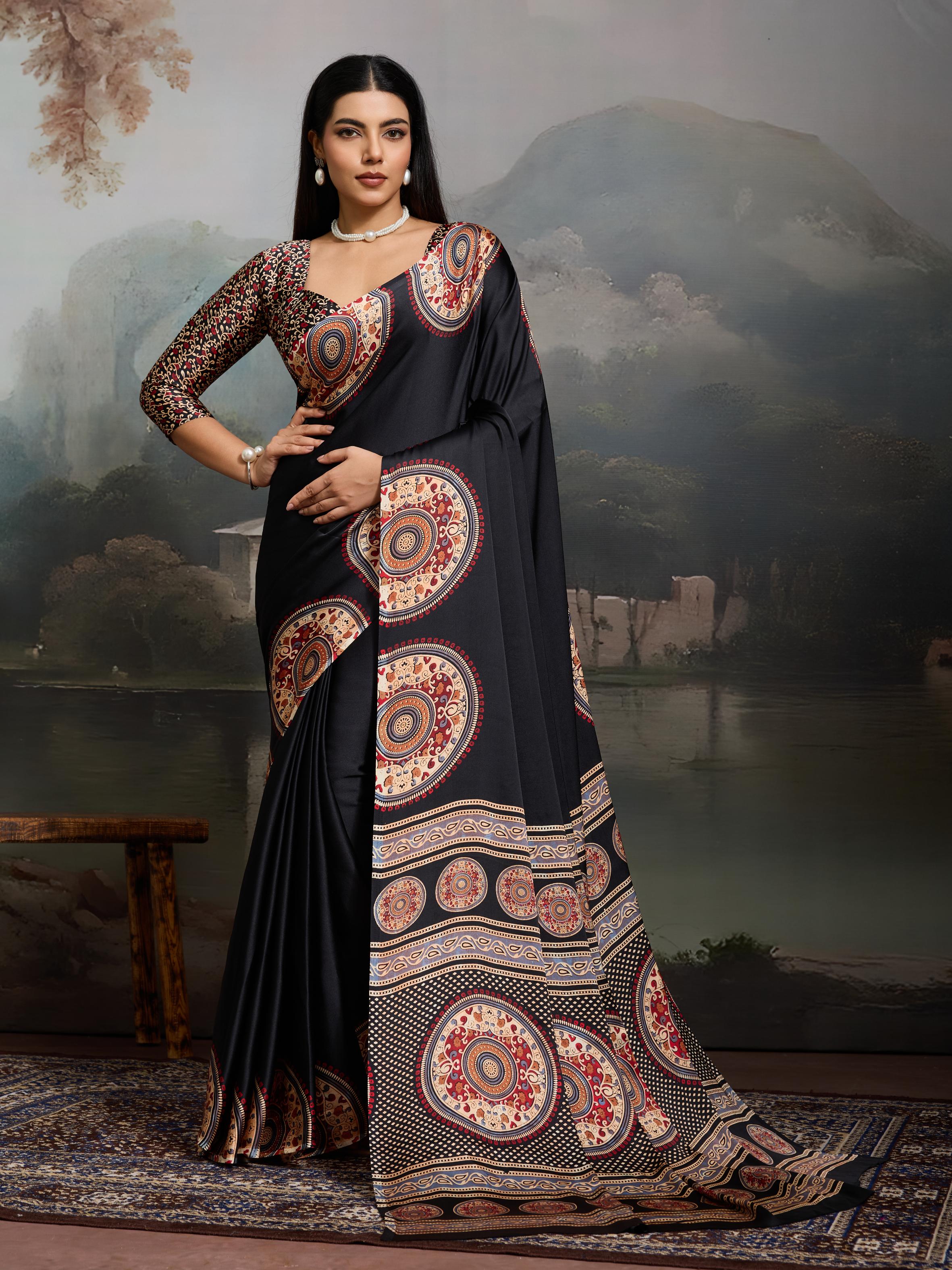Shuttle Black Ajrakh Printed Satin Crepe Silk Saree