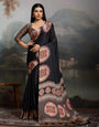 Shuttle Black Ajrakh Printed Satin Crepe Silk Saree