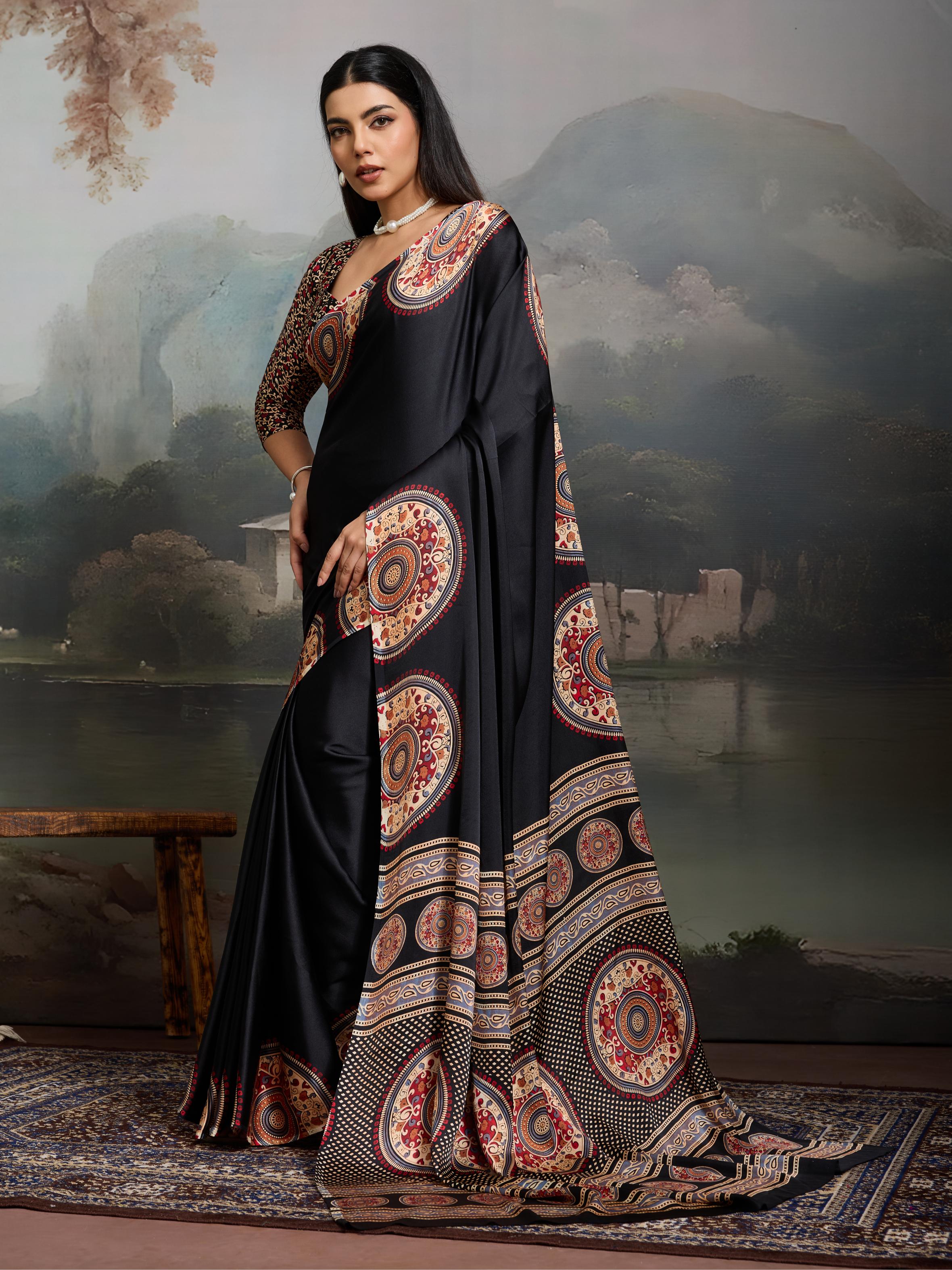 Shuttle Black Ajrakh Printed Satin Crepe Silk Saree