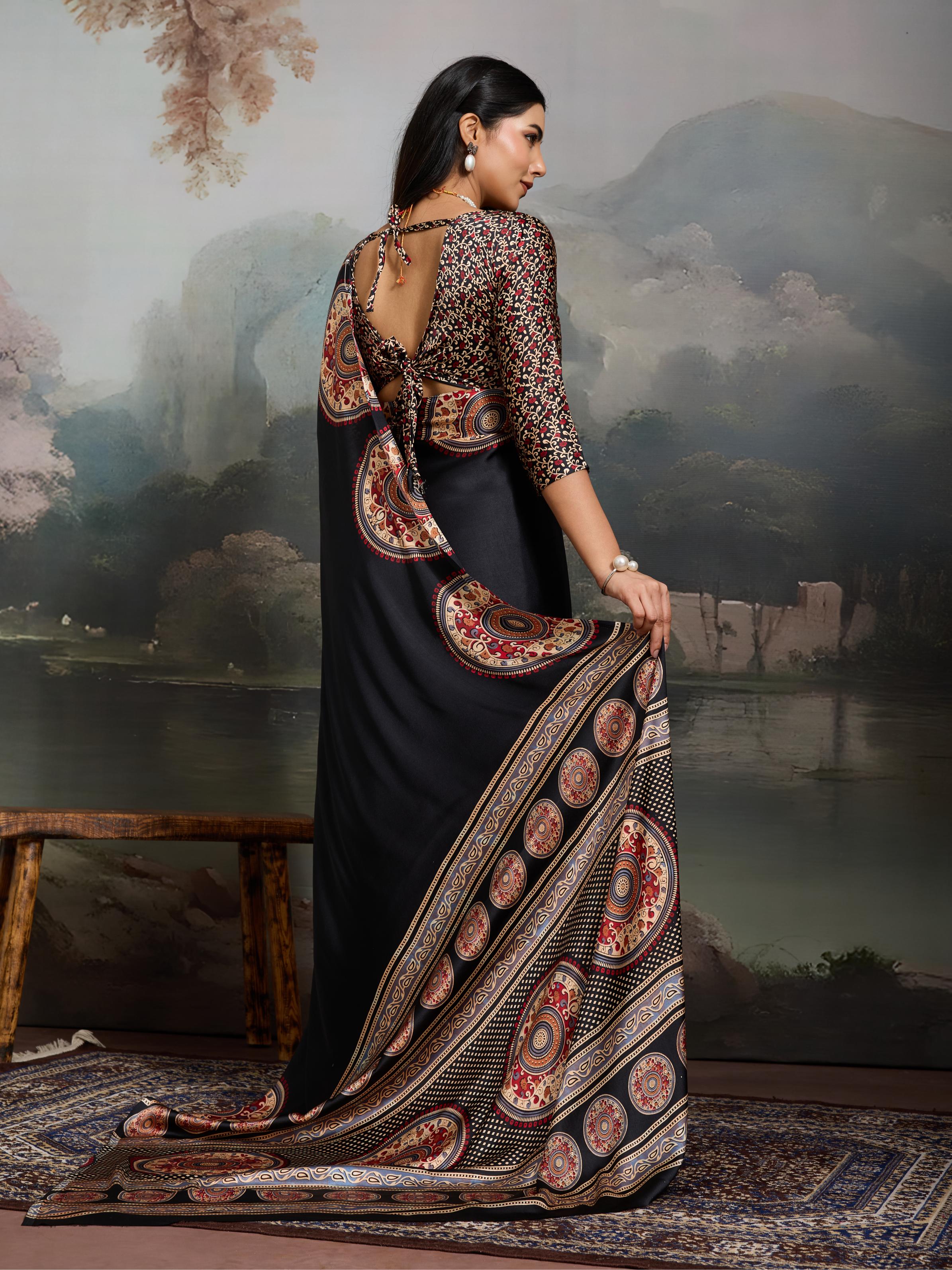 Shuttle Black Ajrakh Printed Satin Crepe Silk Saree
