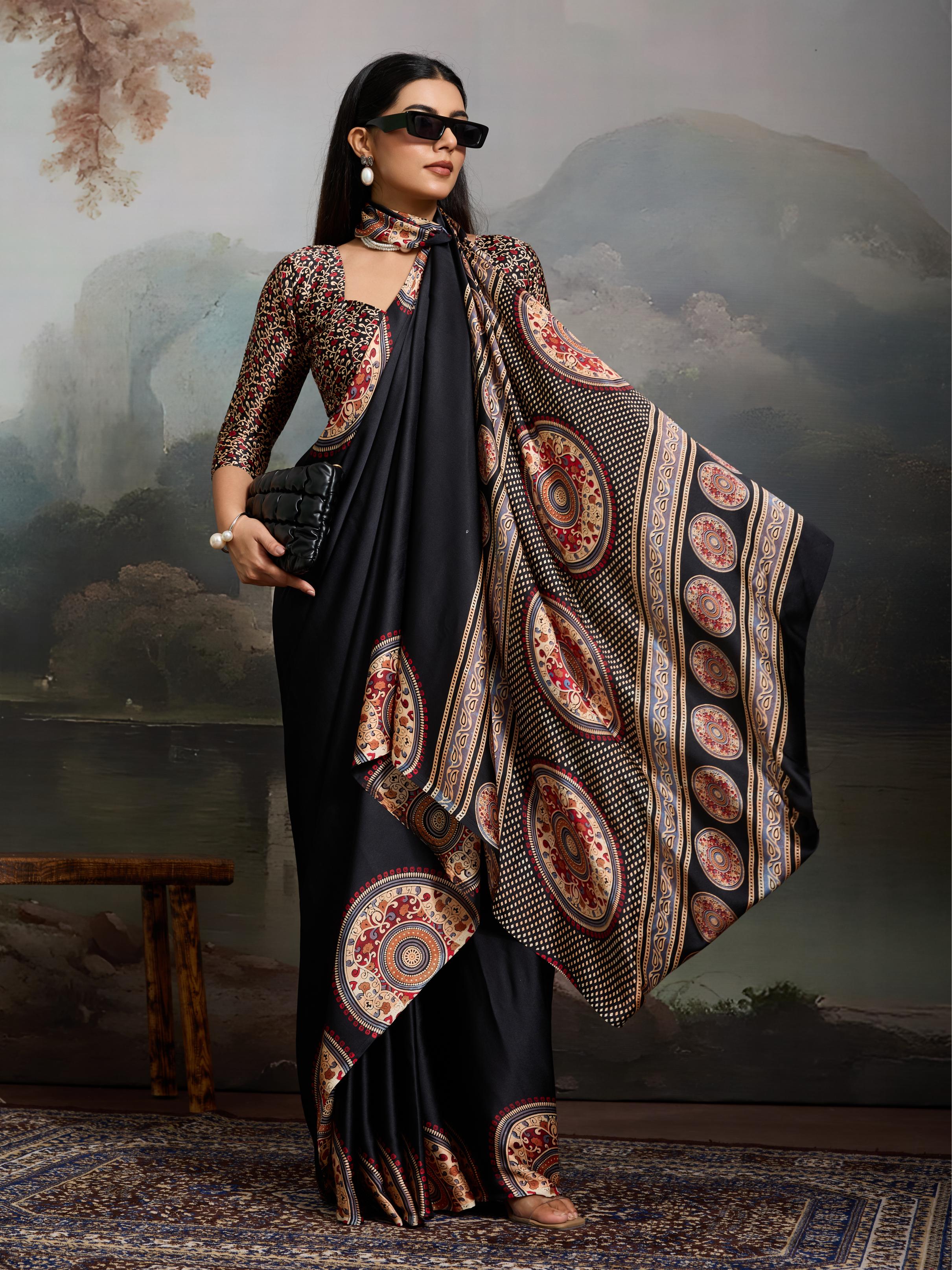 Shuttle Black Ajrakh Printed Satin Crepe Silk Saree
