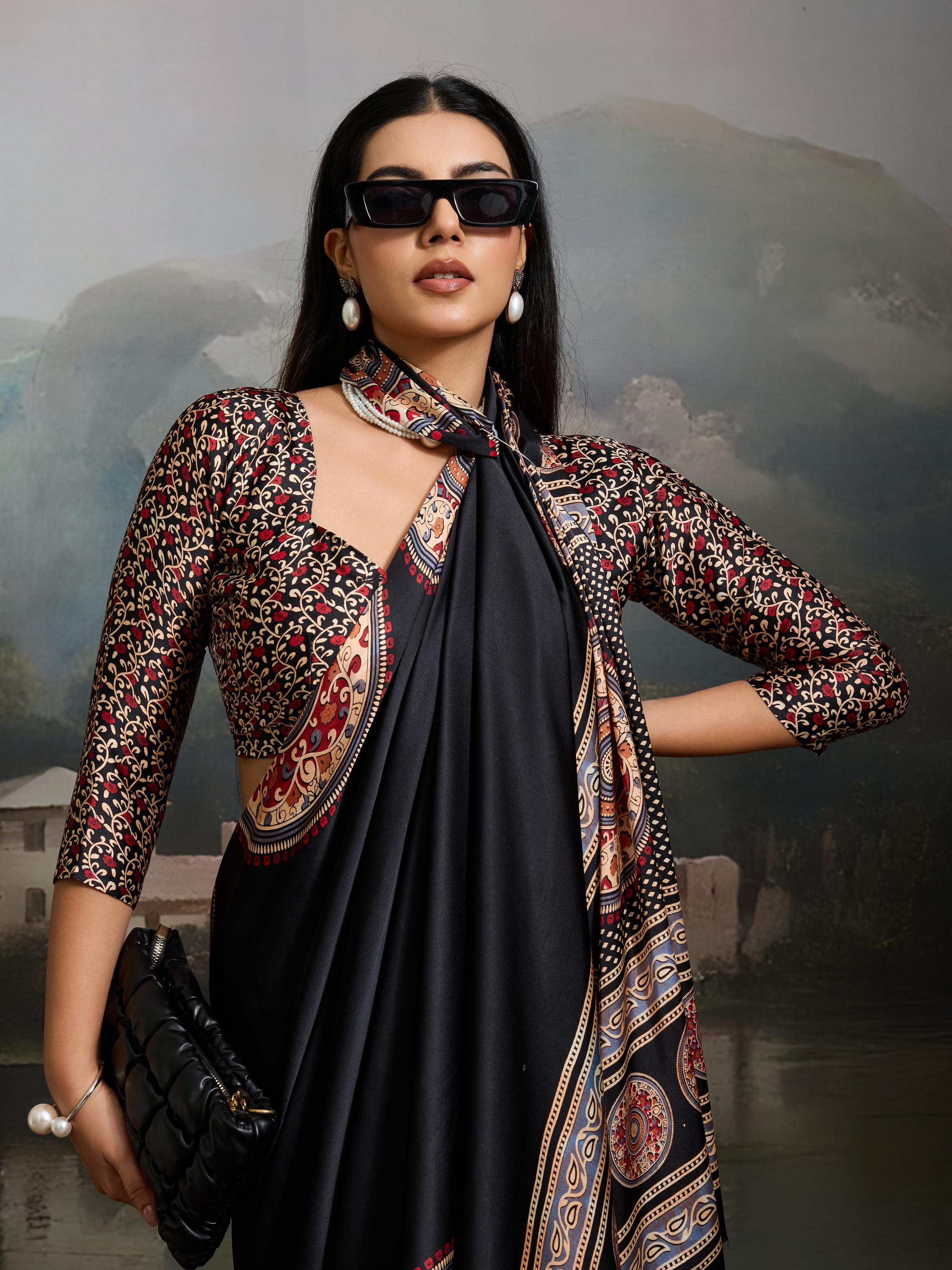 Shuttle Black Ajrakh Printed Satin Crepe Silk Saree