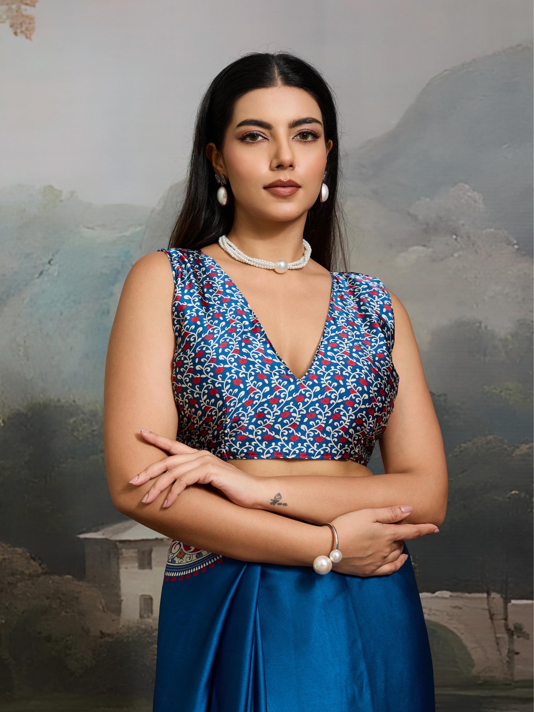 Midnight Blue Ajrakh Printed Satin Crepe Silk Saree