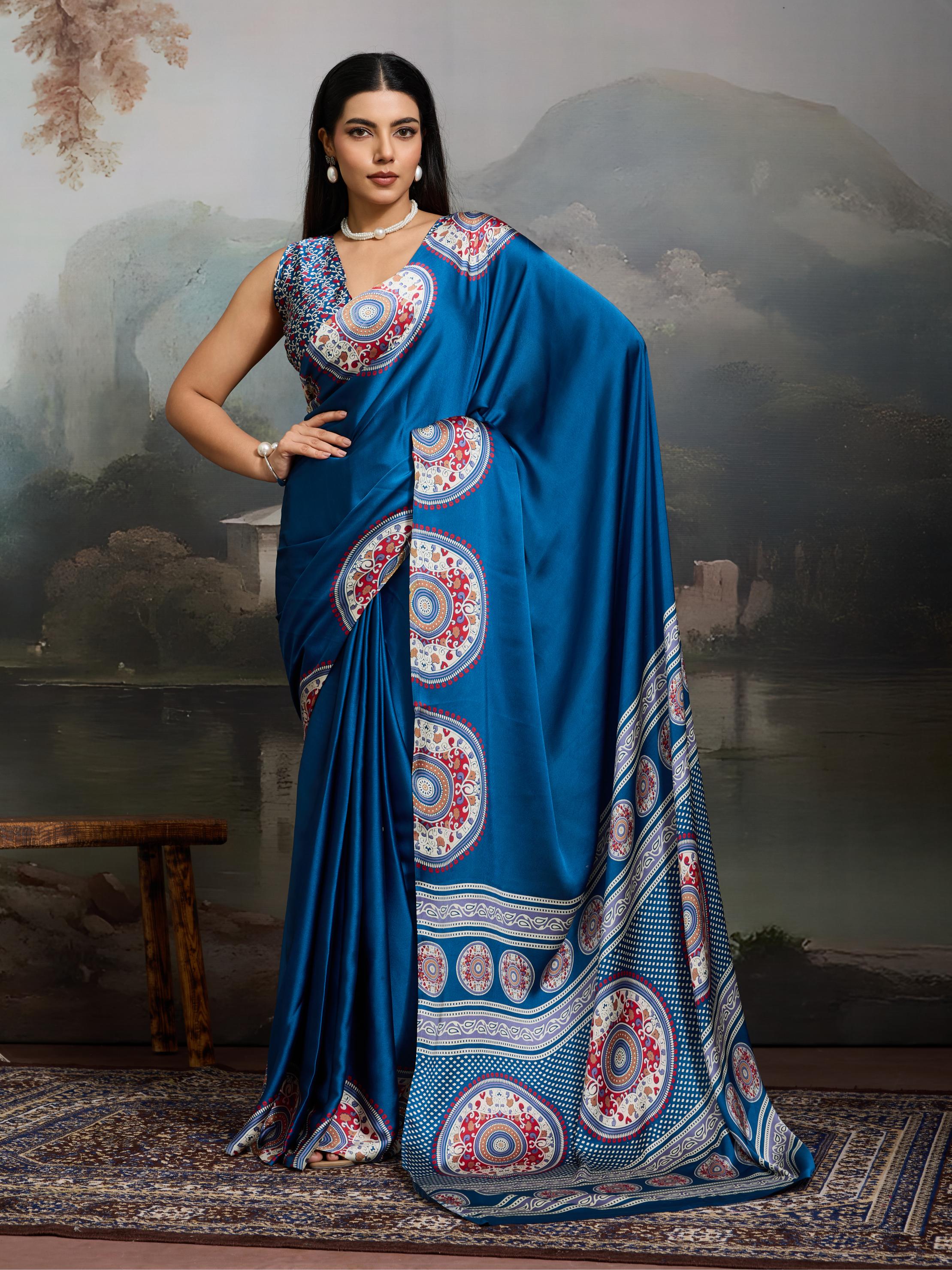 Midnight Blue Ajrakh Printed Satin Crepe Silk Saree
