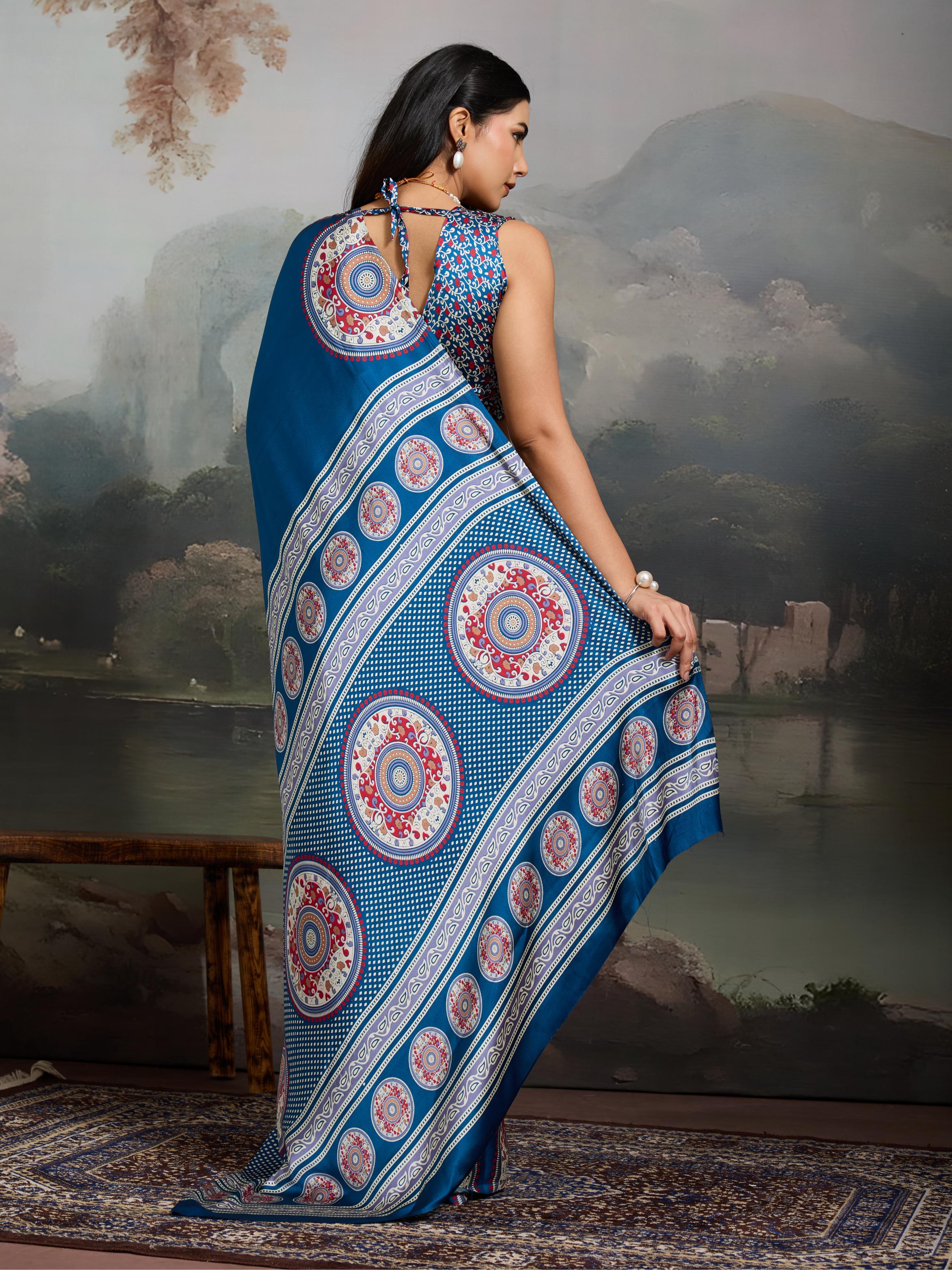 Midnight Blue Ajrakh Printed Satin Crepe Silk Saree