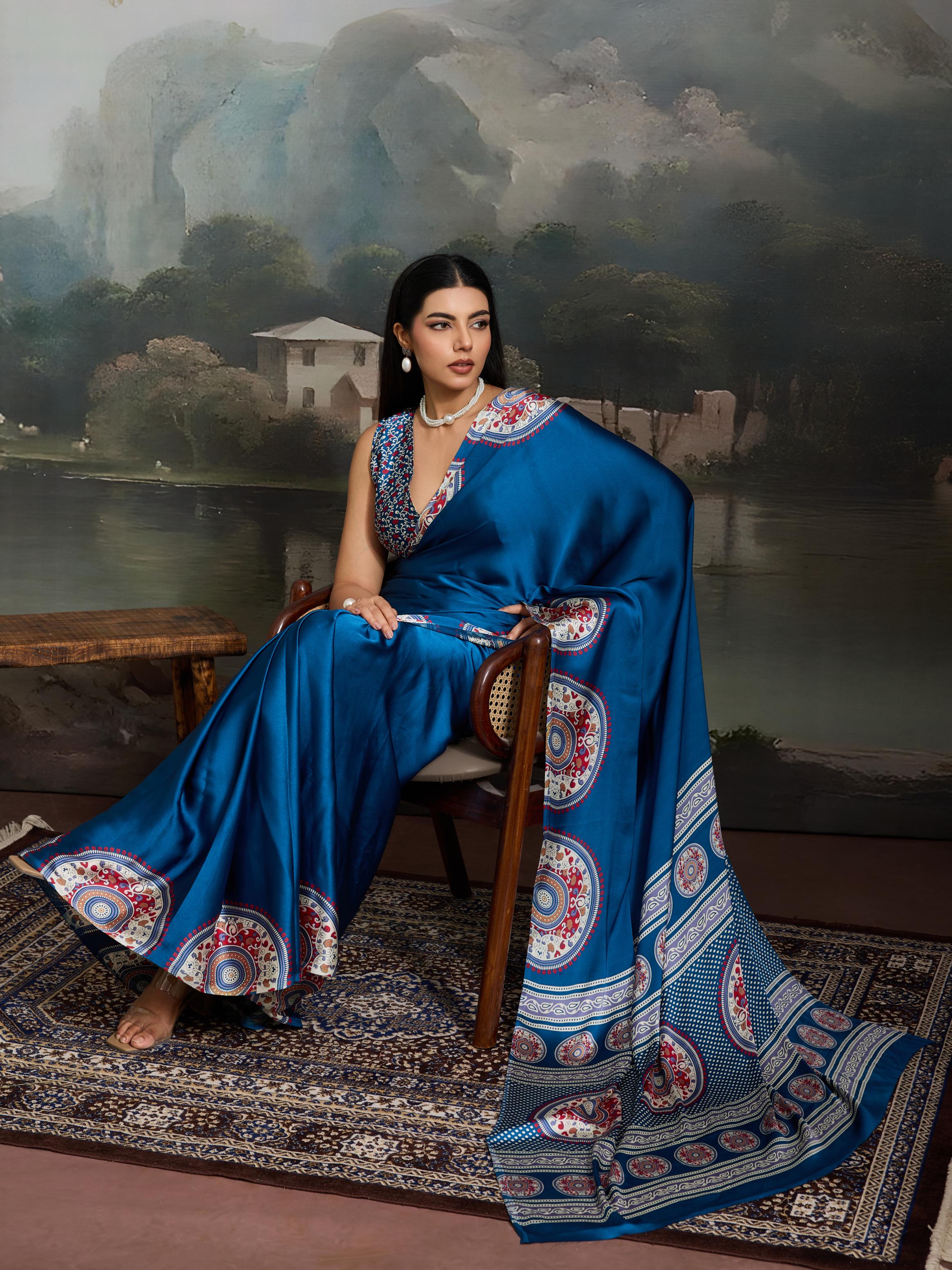 Midnight Blue Ajrakh Printed Satin Crepe Silk Saree