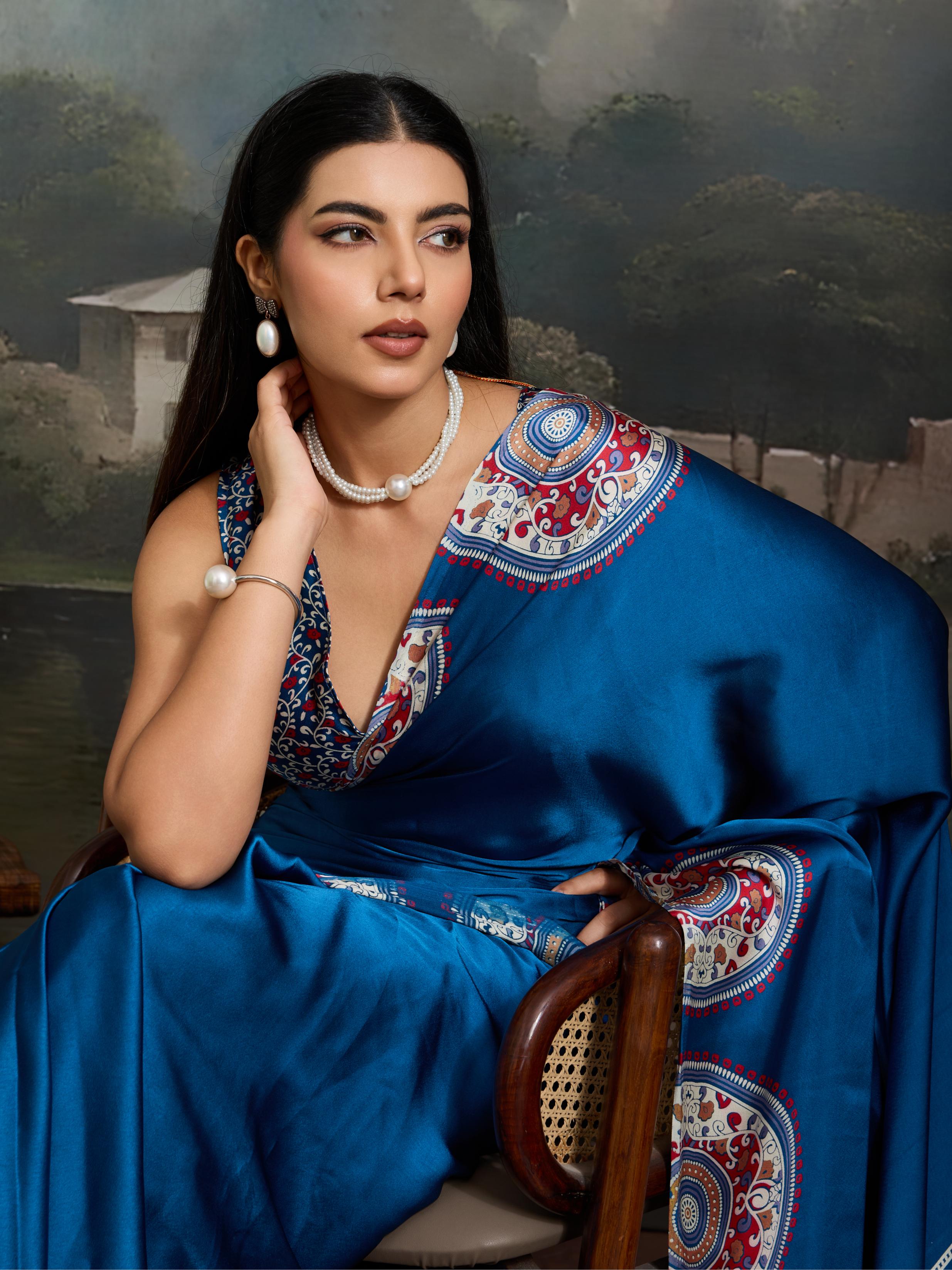 Midnight Blue Ajrakh Printed Satin Crepe Silk Saree