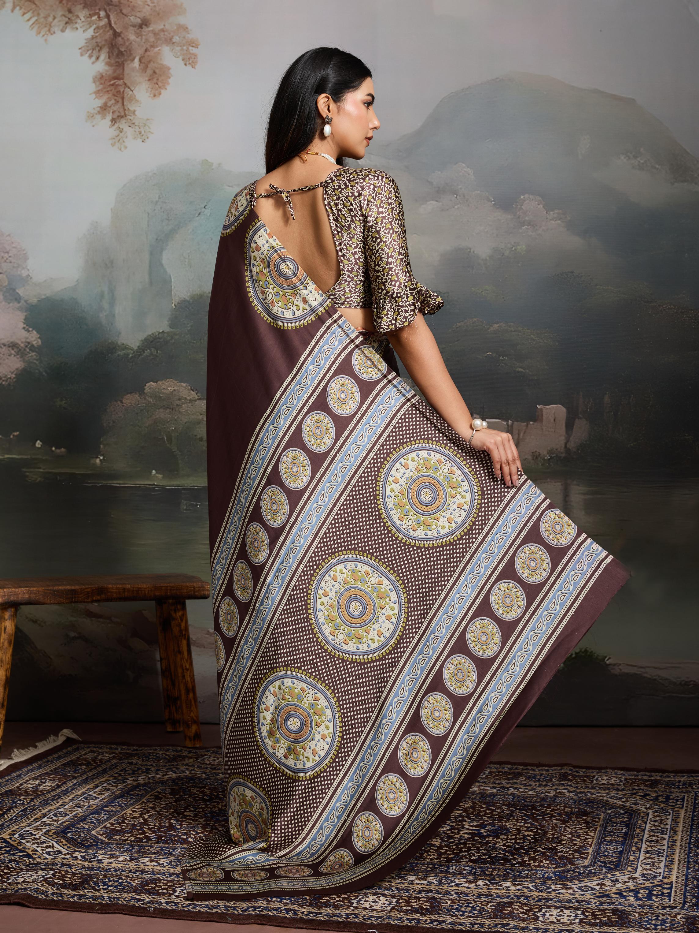 Brunette Brown Ajrakh Printed Satin Crepe Silk Saree