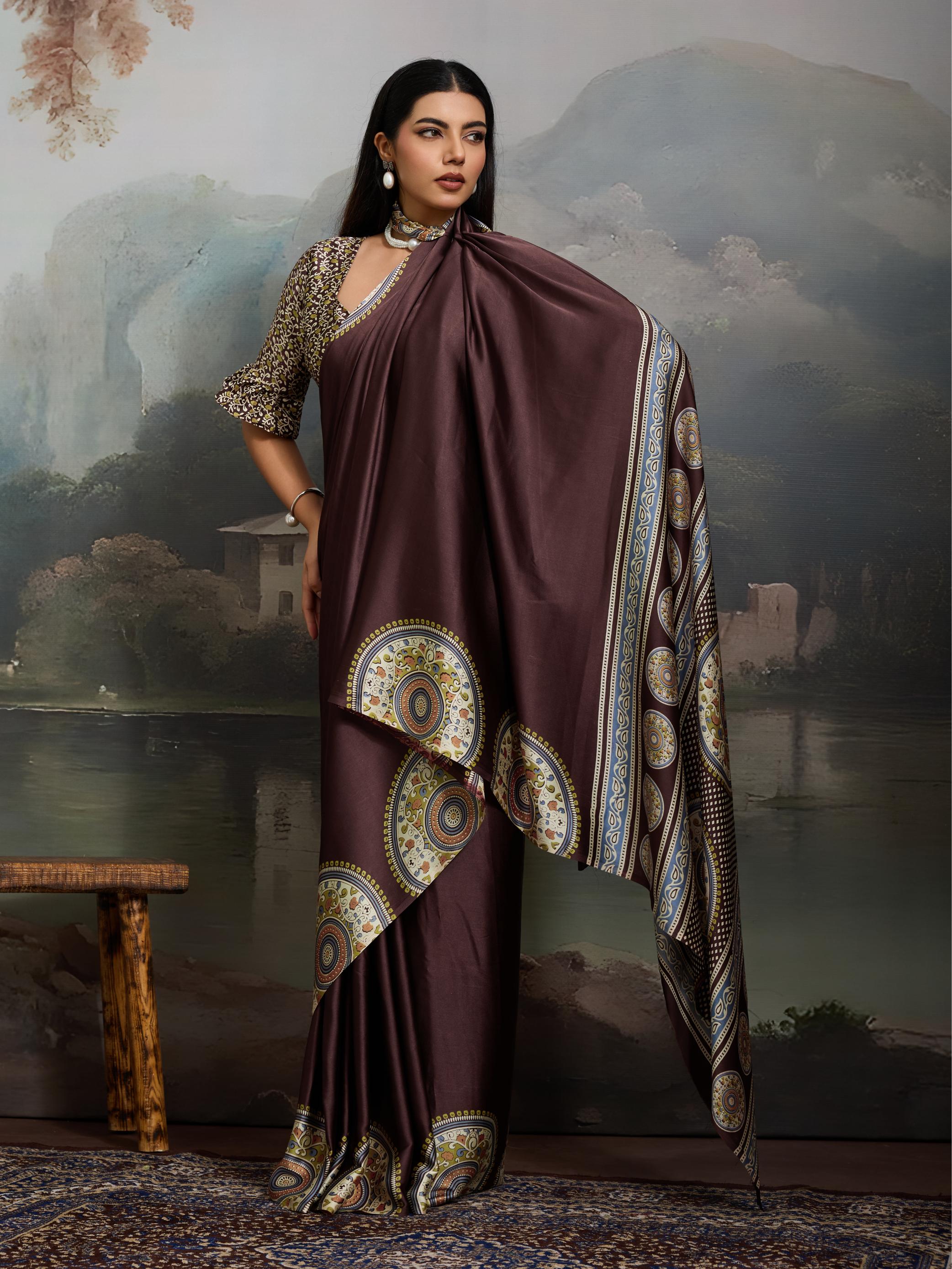 Brunette Brown Ajrakh Printed Satin Crepe Silk Saree