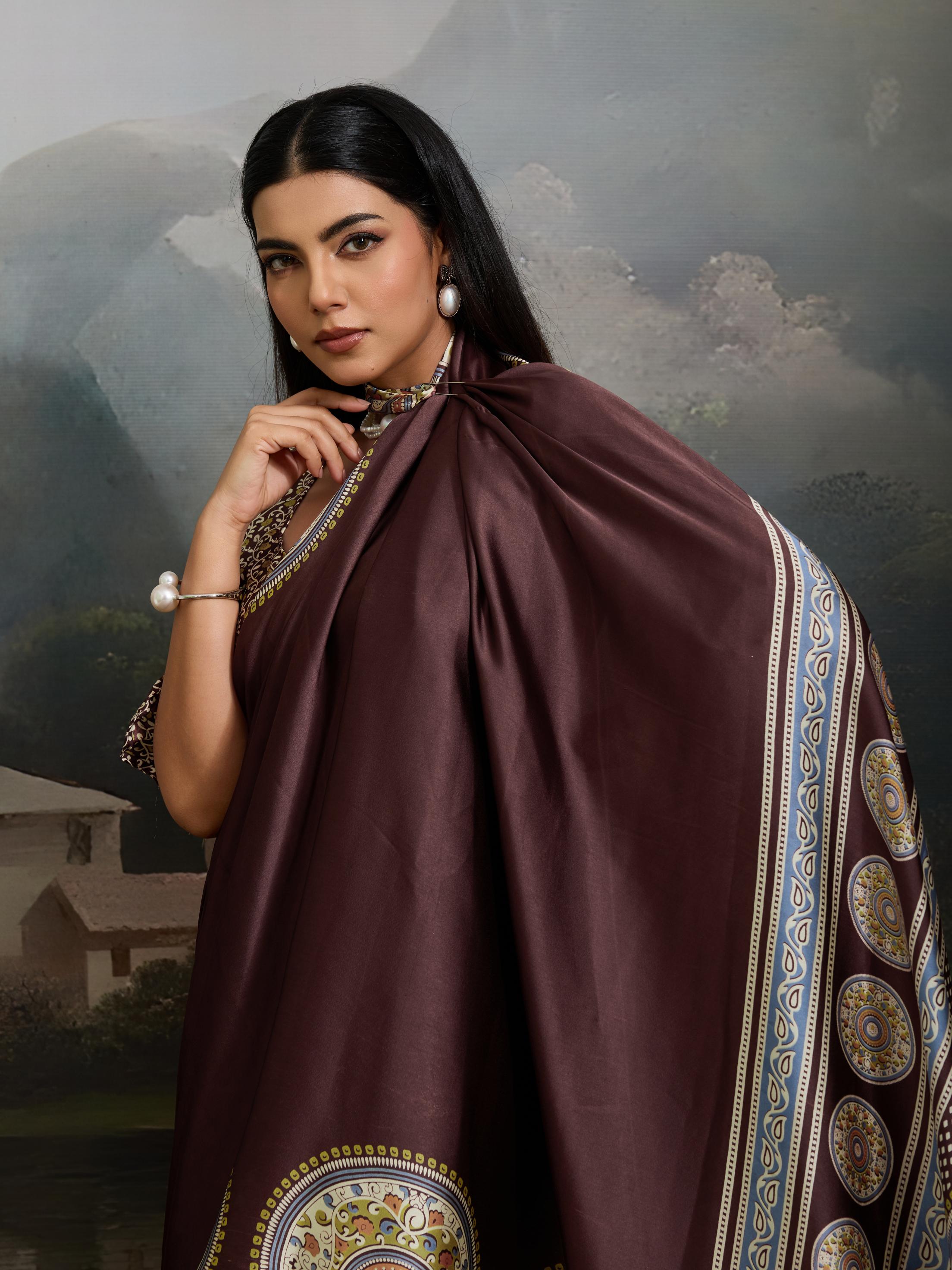 Brunette Brown Ajrakh Printed Satin Crepe Silk Saree