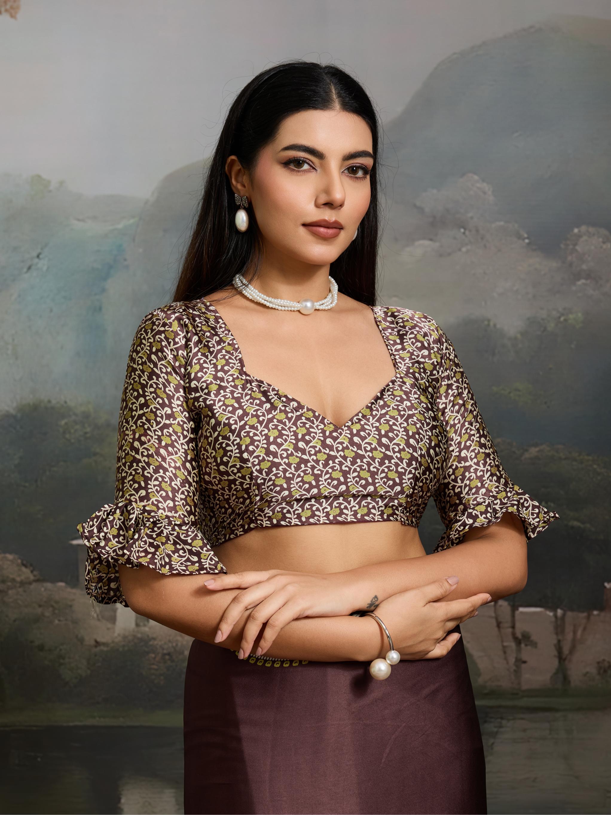 Brunette Brown Ajrakh Printed Satin Crepe Silk Saree