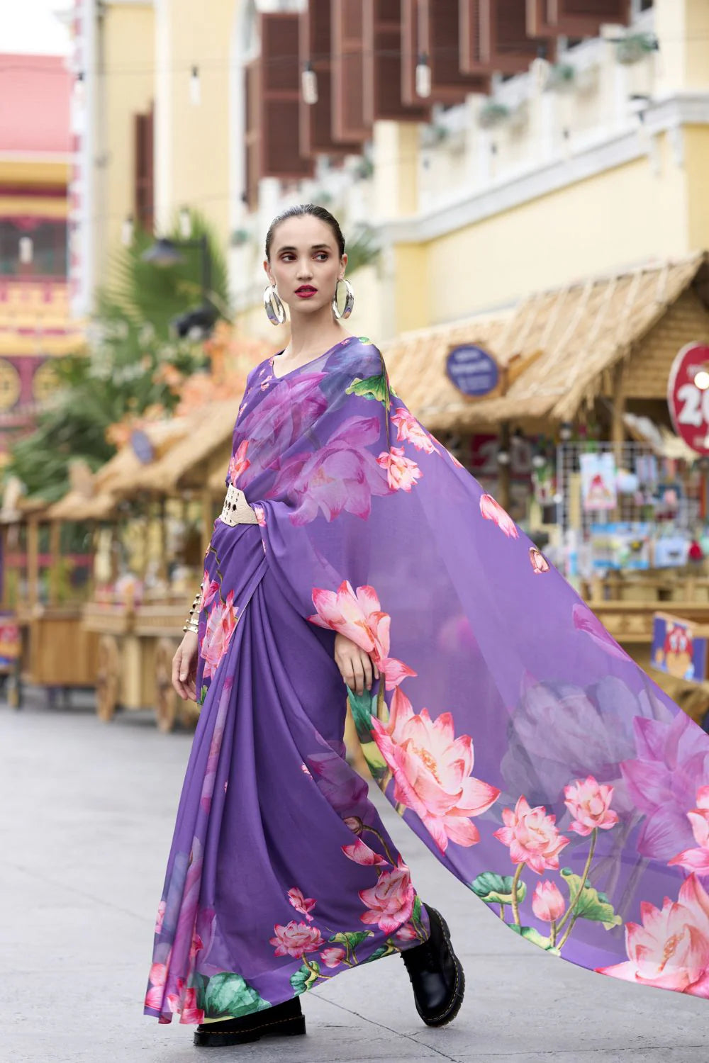 Cultured Purple Floral Pure Georgette Saree