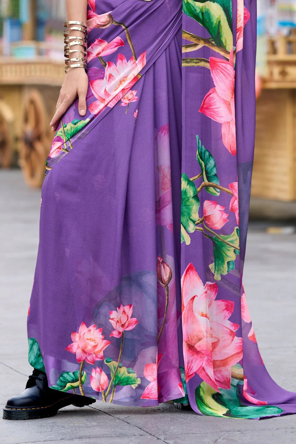 Cultured Purple Floral Pure Georgette Saree