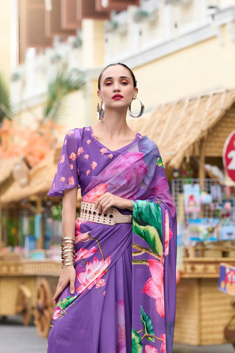 Cultured Purple Floral Pure Georgette Saree