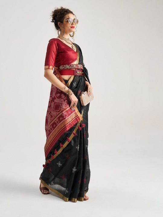 Charcoal Black Patola Handloom Saree With Fancy Blouse