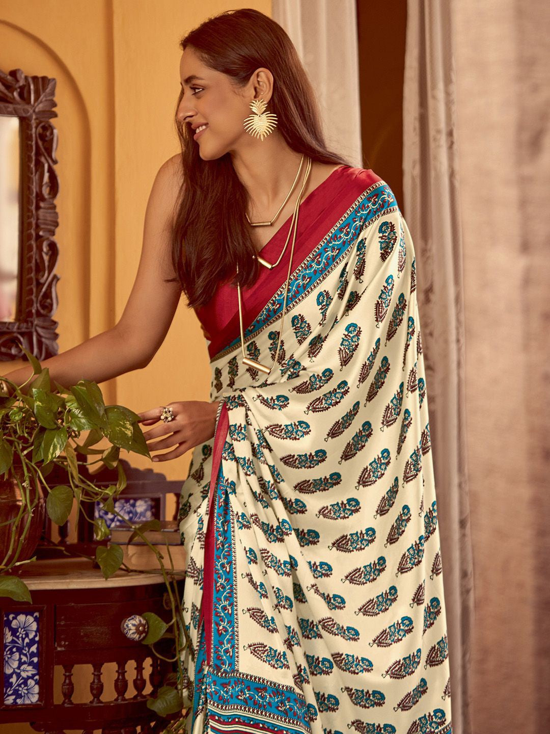 Cream New Ajrakh Printed Satin Crepe Saree