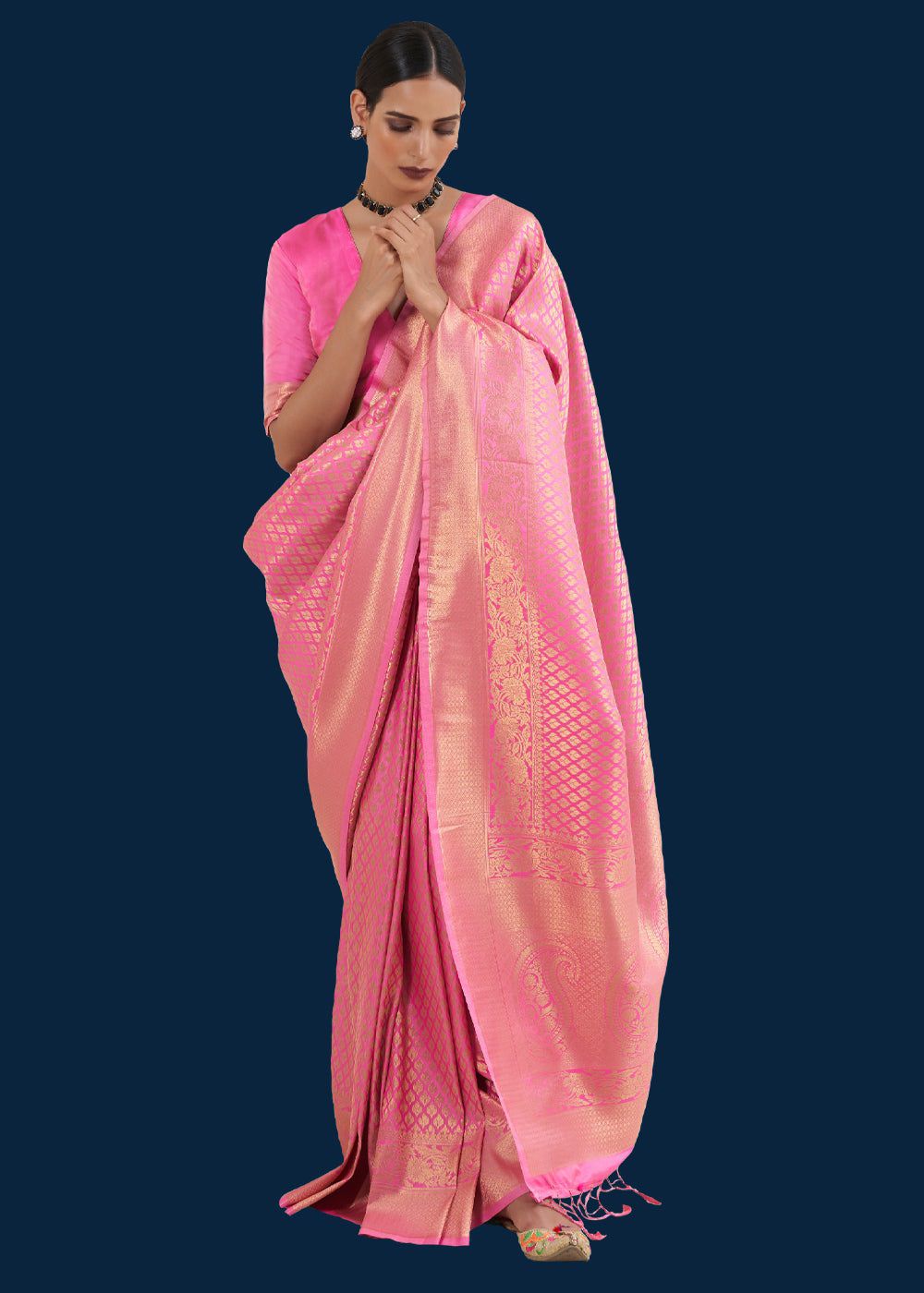 Rose Pink Zari Woven Kanjivaram Silk Saree