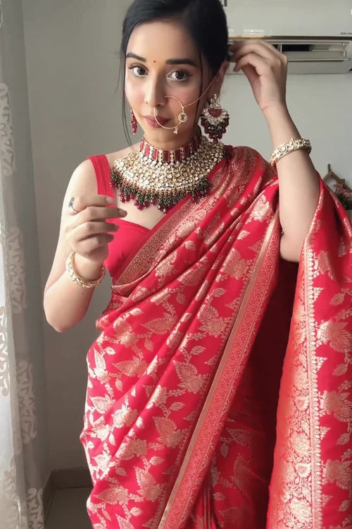 Charming 1-Minute Ready To Wear Red Soft Silk Saree