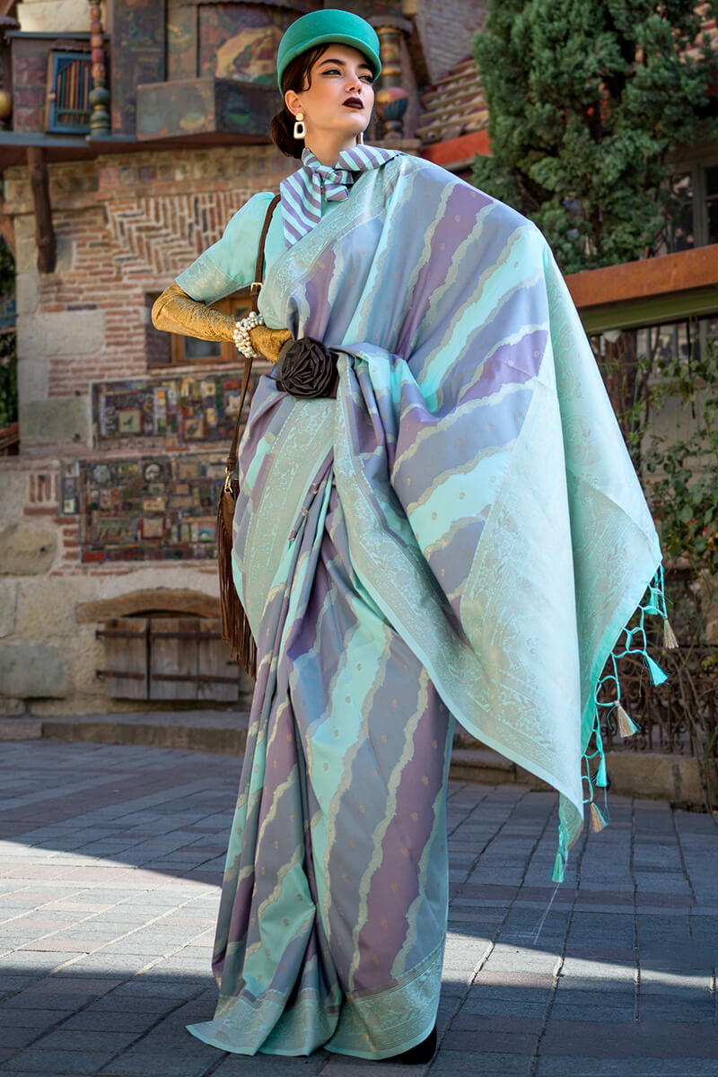 Seraglio Sky Soft Banarasi Silk Saree With Petrichor Blouse