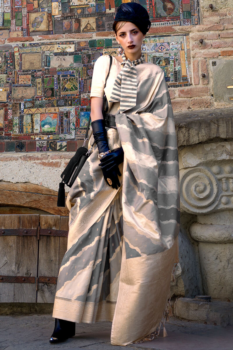 Ebullience Beige Soft Banarasi Silk Saree With Divine Blouse