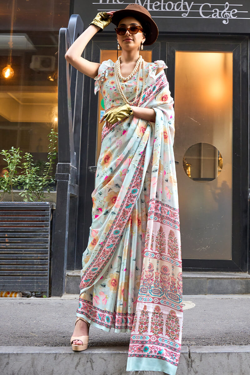 Elegant Off White Digital Printed Satin Silk Saree With Lovely Blouse