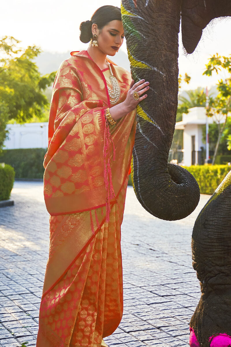 Orange Kanjivaram Silk Saree With Skinny Blouse Piece