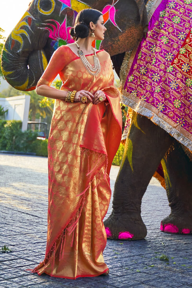 Orange Kanjivaram Silk Saree With Skinny Blouse Piece