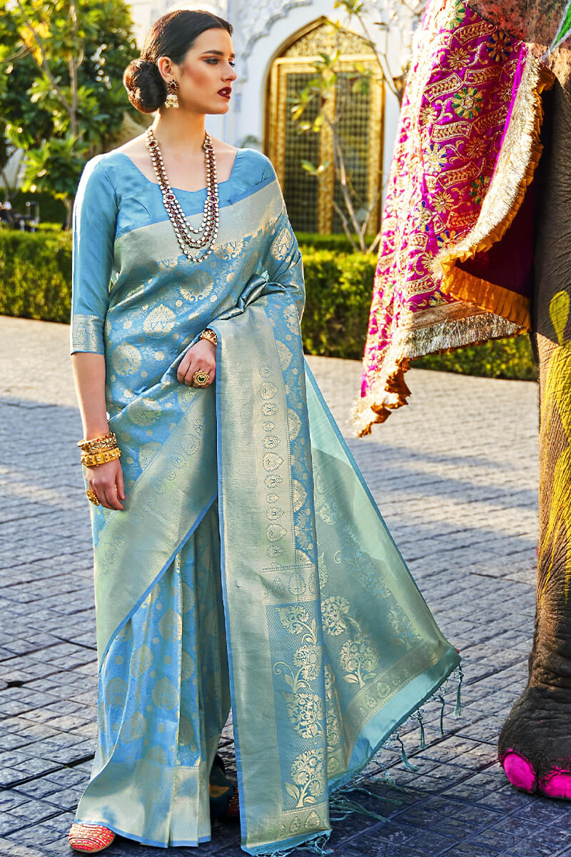 Aqua Kanjivaram Silk Saree With Skinny Blouse Piece