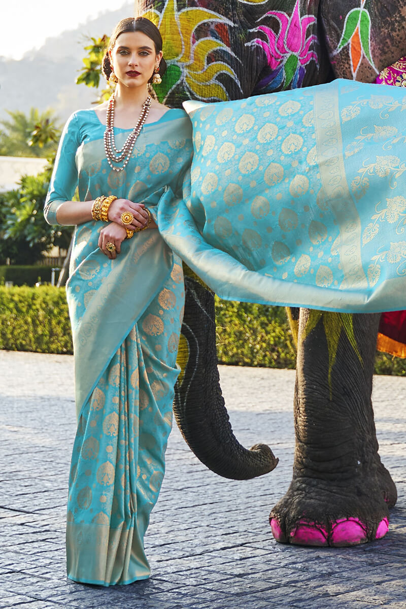 Aqua Kanjivaram Silk Saree With Skinny Blouse Piece