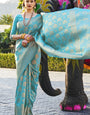 Aqua Kanjivaram Silk Saree With Skinny Blouse Piece