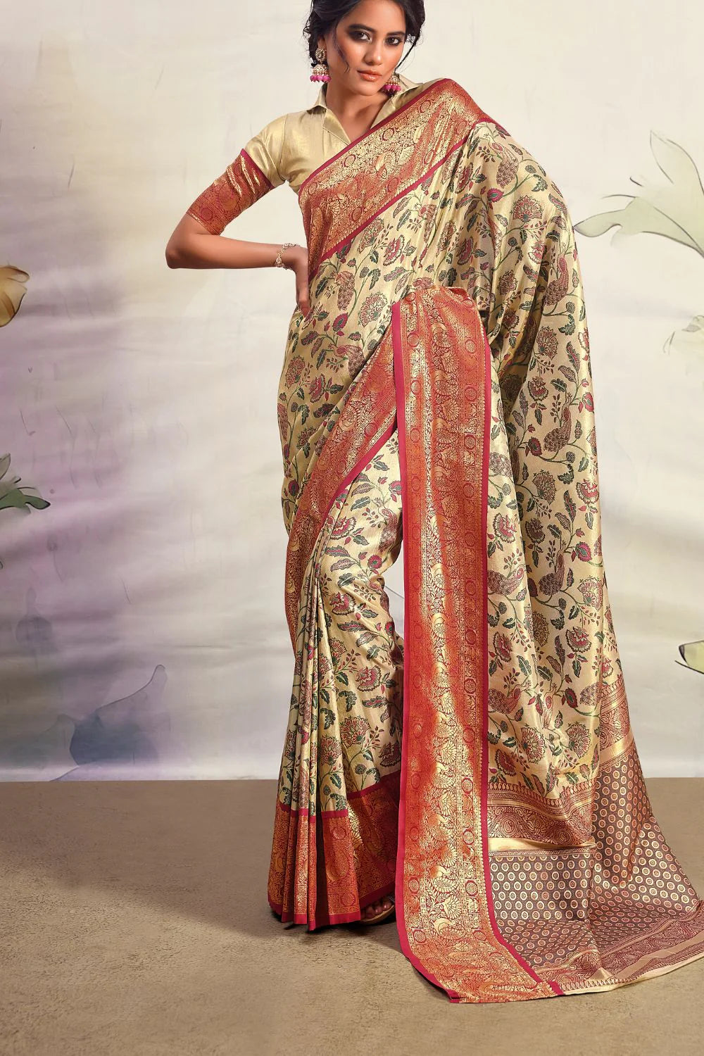 Luminous Cream & Maroon Pure Silk Saree