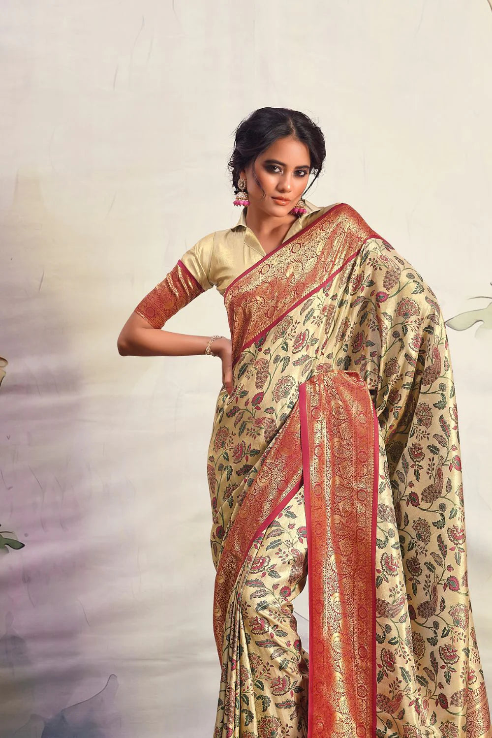 Luminous Cream & Maroon Pure Silk Saree