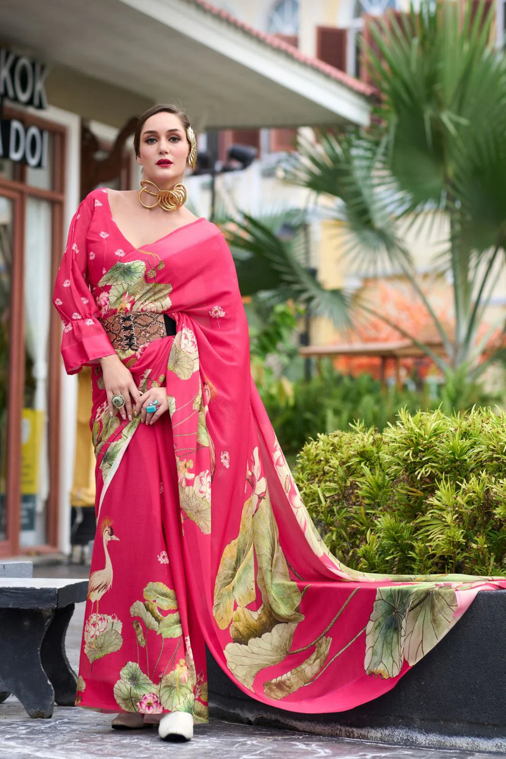 Iconic Pink Floral Pure Georgette Saree