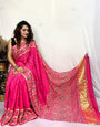 Pink Hand Block Ajrakh Saree in Pure Modal Silk with Gharchola Border and Zari Detailing
