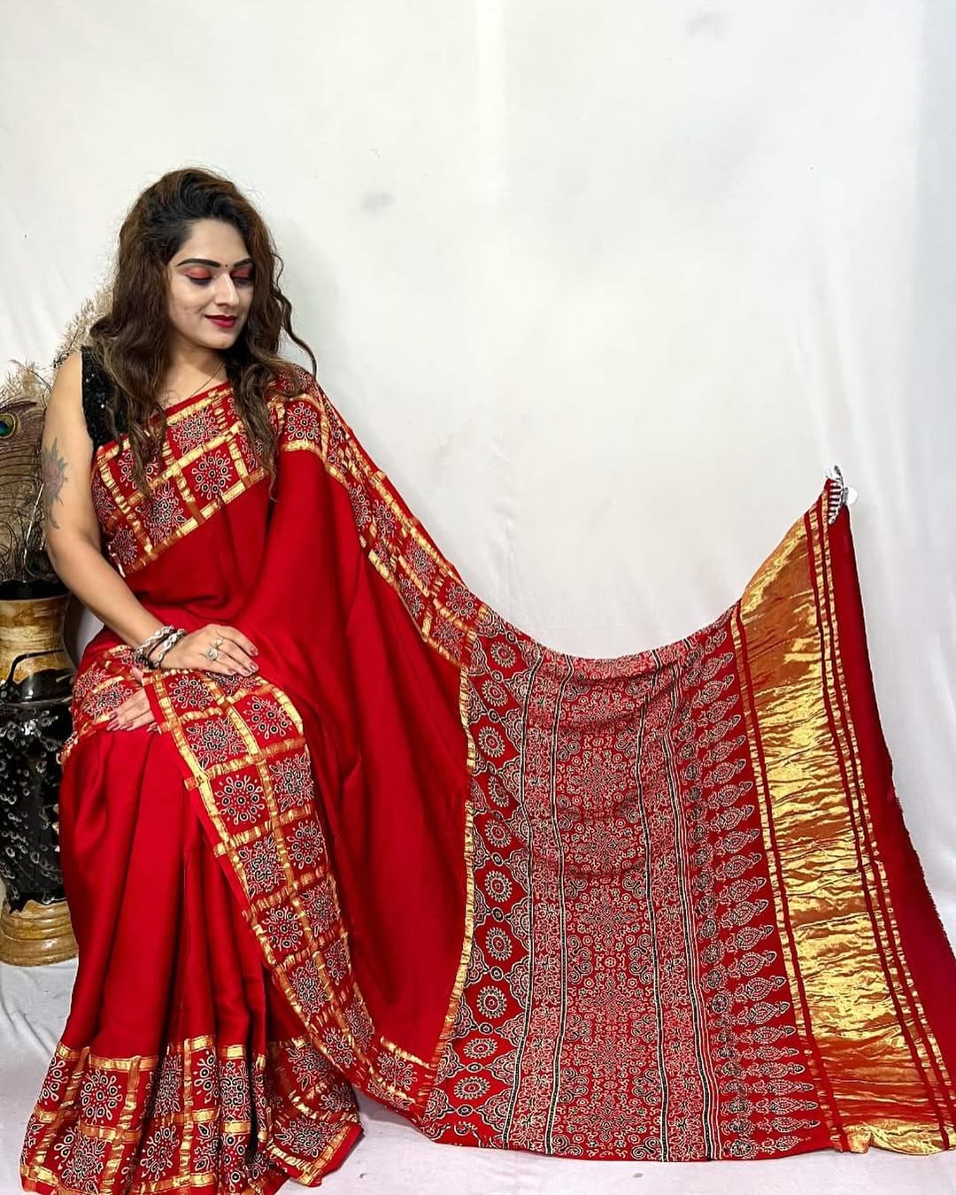 Red Ajrakh Gharchola Border Hand Block Pure Modal Silk Saree With Fancy Ajrakh And Zari Pallu