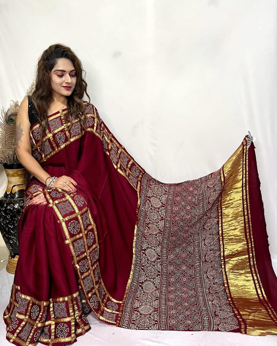 Maroon Ajrakh Gharchola Border Hand Block Pure Modal Silk Saree With Fancy Ajrakh And Zari Pallu 1