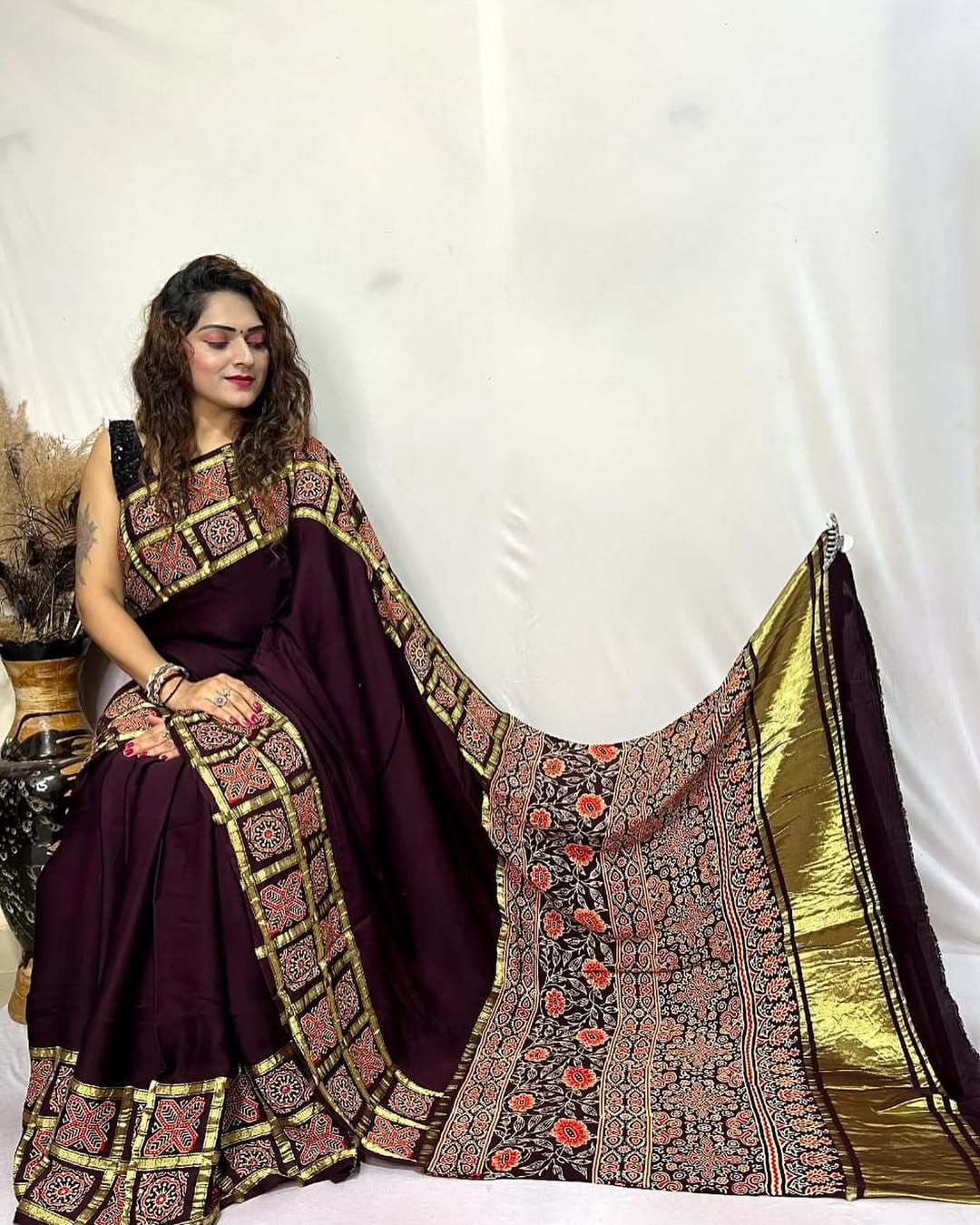 Dark Wine Ajrakh Gharchola Border Hand Block Pure Modal Silk Saree With Fancy Ajrakh And Zari Pallu