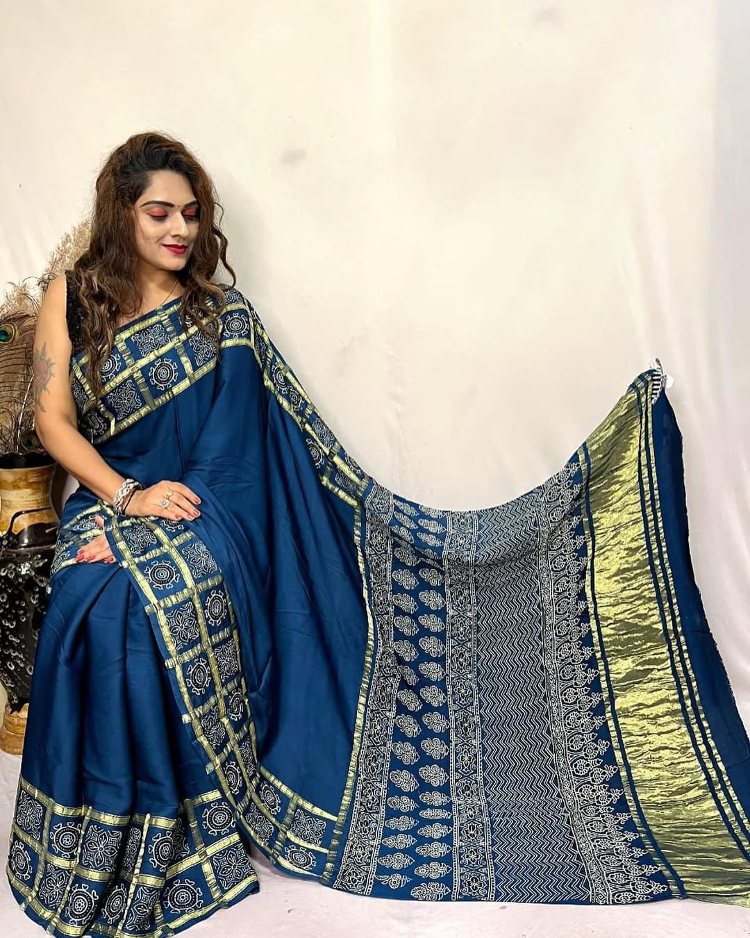 Indigo Hand Block Ajrakh Saree in Pure Modal Silk with Gharchola Border and Zari Detailing
