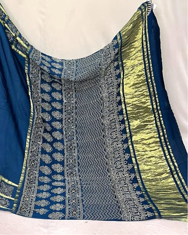 Indigo Hand Block Ajrakh Saree in Pure Modal Silk with Gharchola Border and Zari Detailing