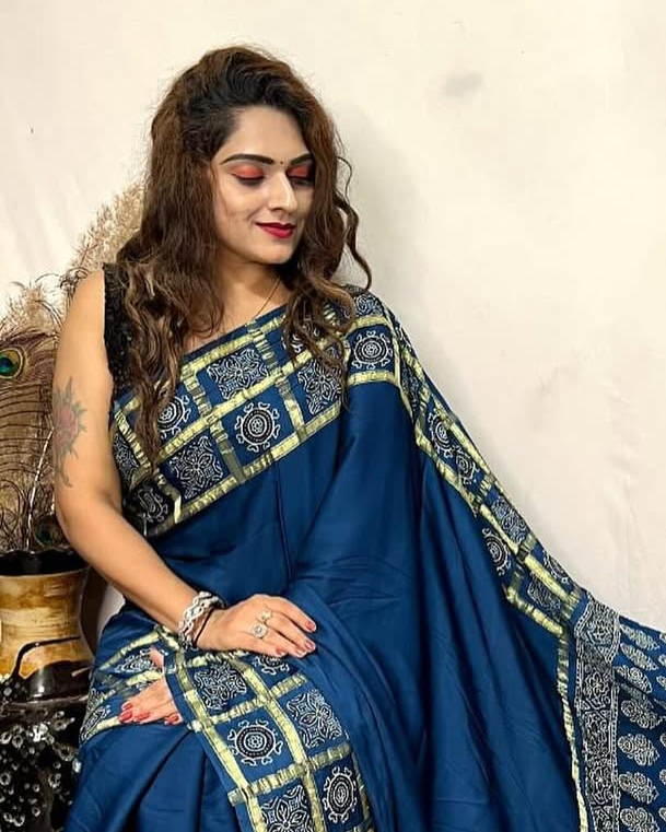 Indigo Hand Block Ajrakh Saree in Pure Modal Silk with Gharchola Border and Zari Detailing