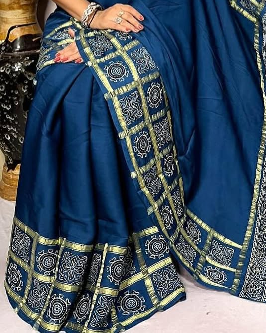 Indigo Hand Block Ajrakh Saree in Pure Modal Silk with Gharchola Border and Zari Detailing